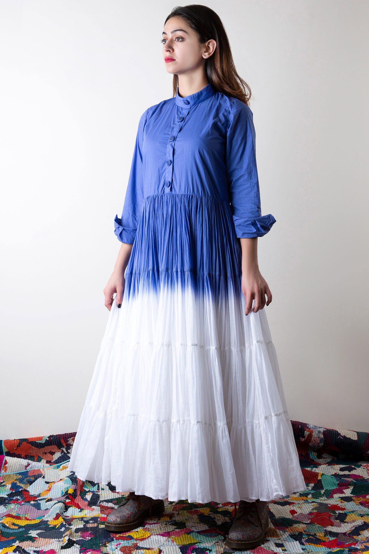 Ka-Sha Blue Poplin Dyed Maxi Dress