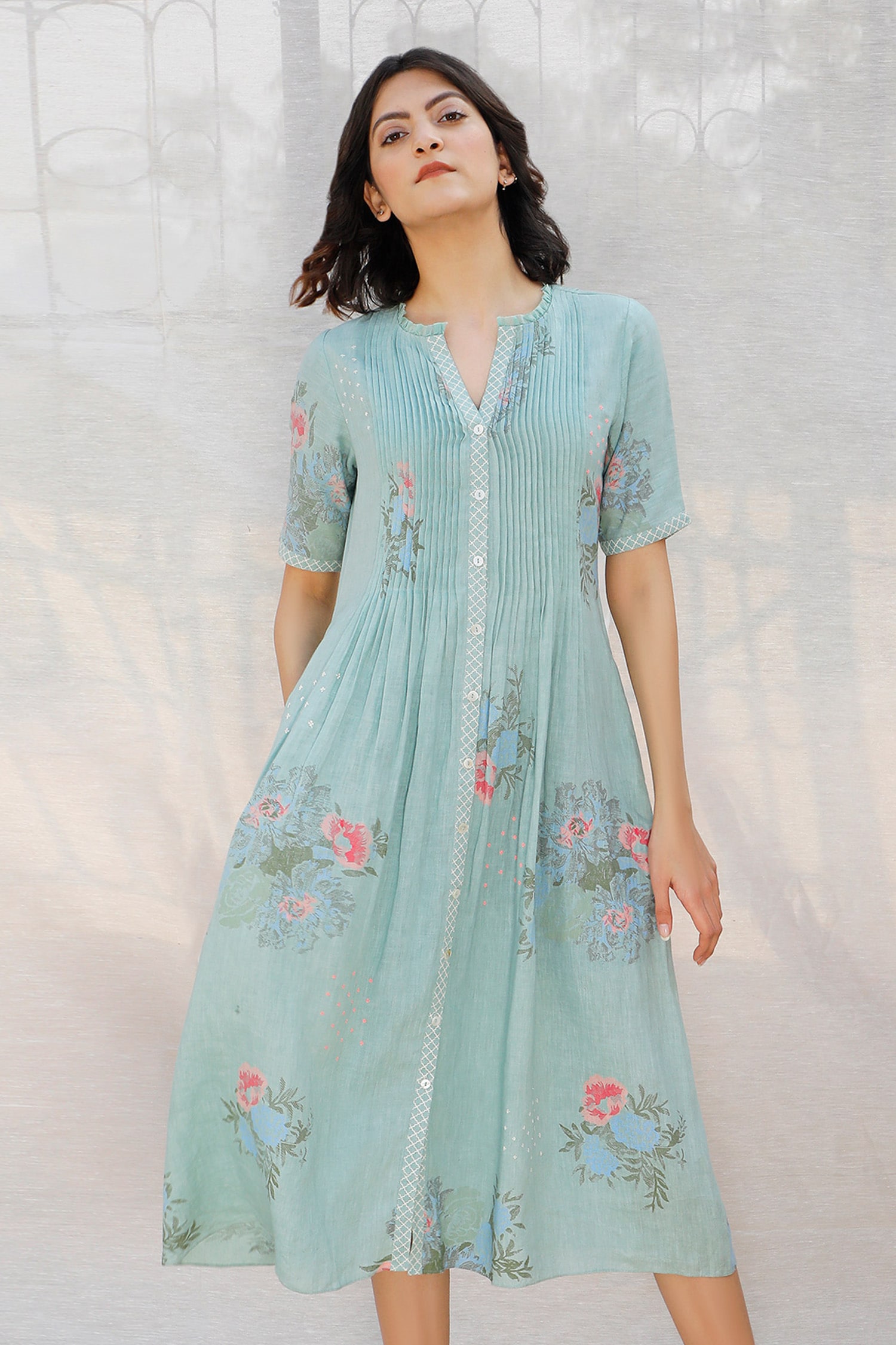 Buy Blue Linen Round Printed Dress For Women by Arcvsh by Pallavi Singh ...