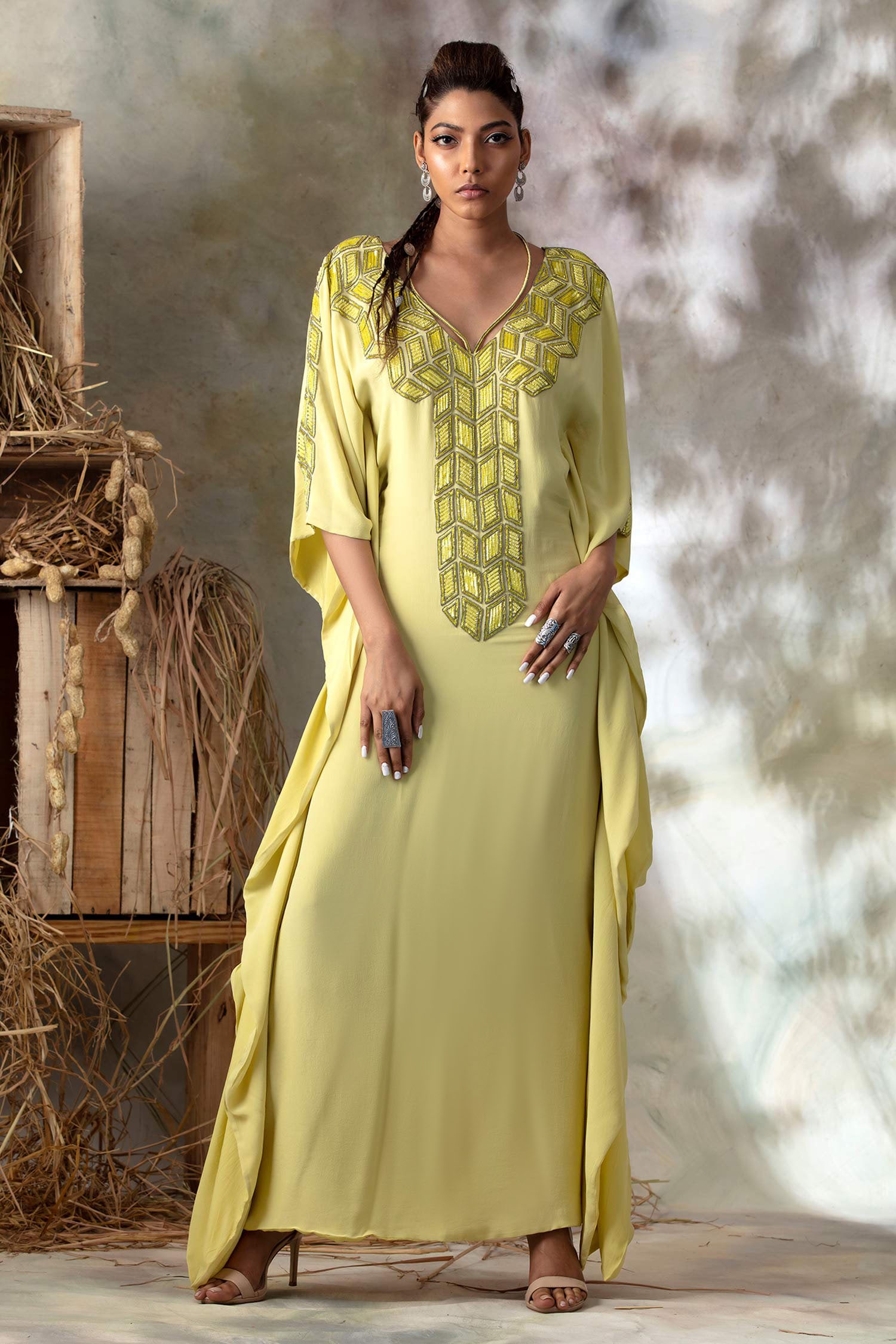 Buy Yellow Silk Crepe Embroidery V Neck Kaftan For Women by ISHA ...