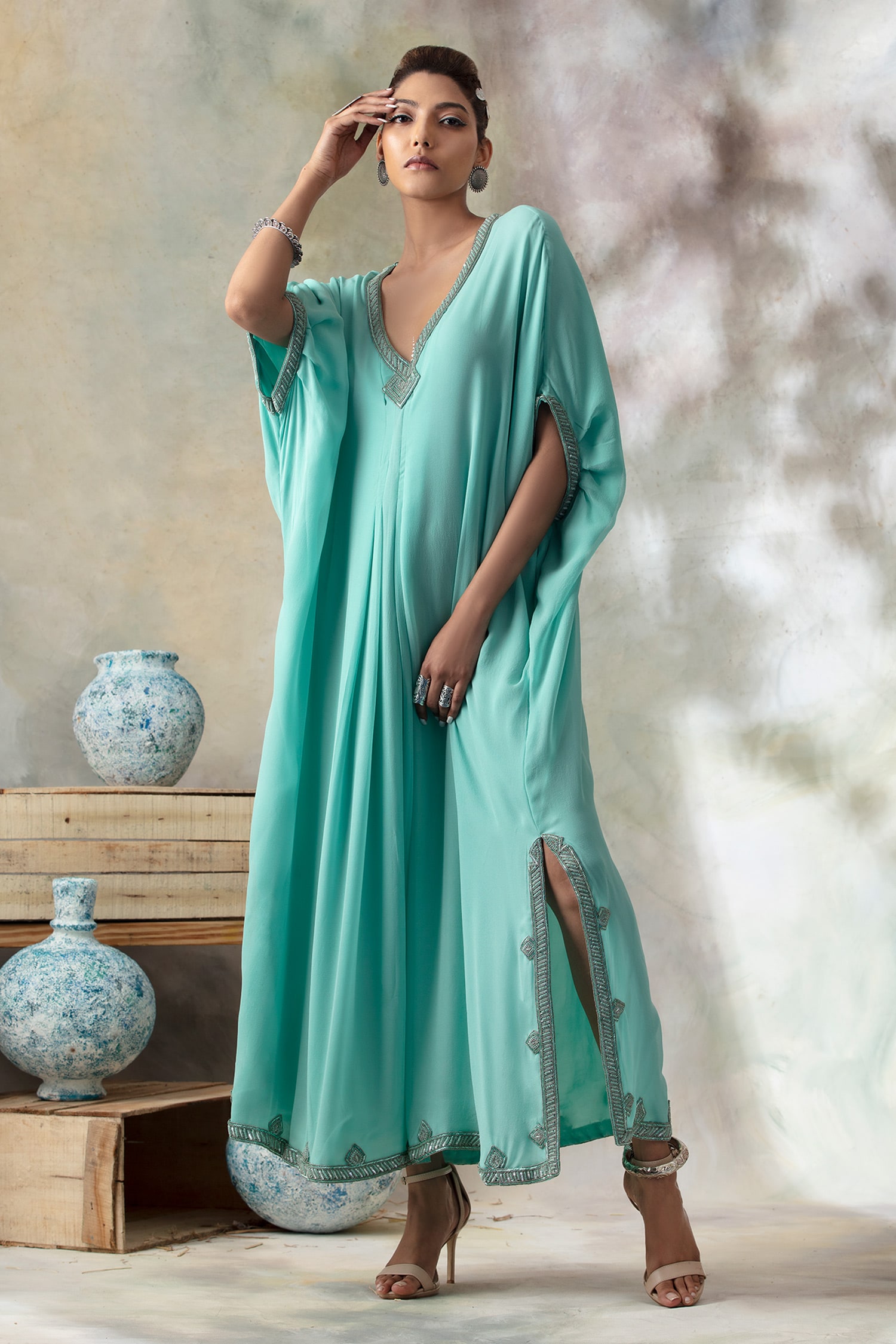 Buy Blue Silk Georgette Embroidery V Neck Kaftan For Women by ISHA ...