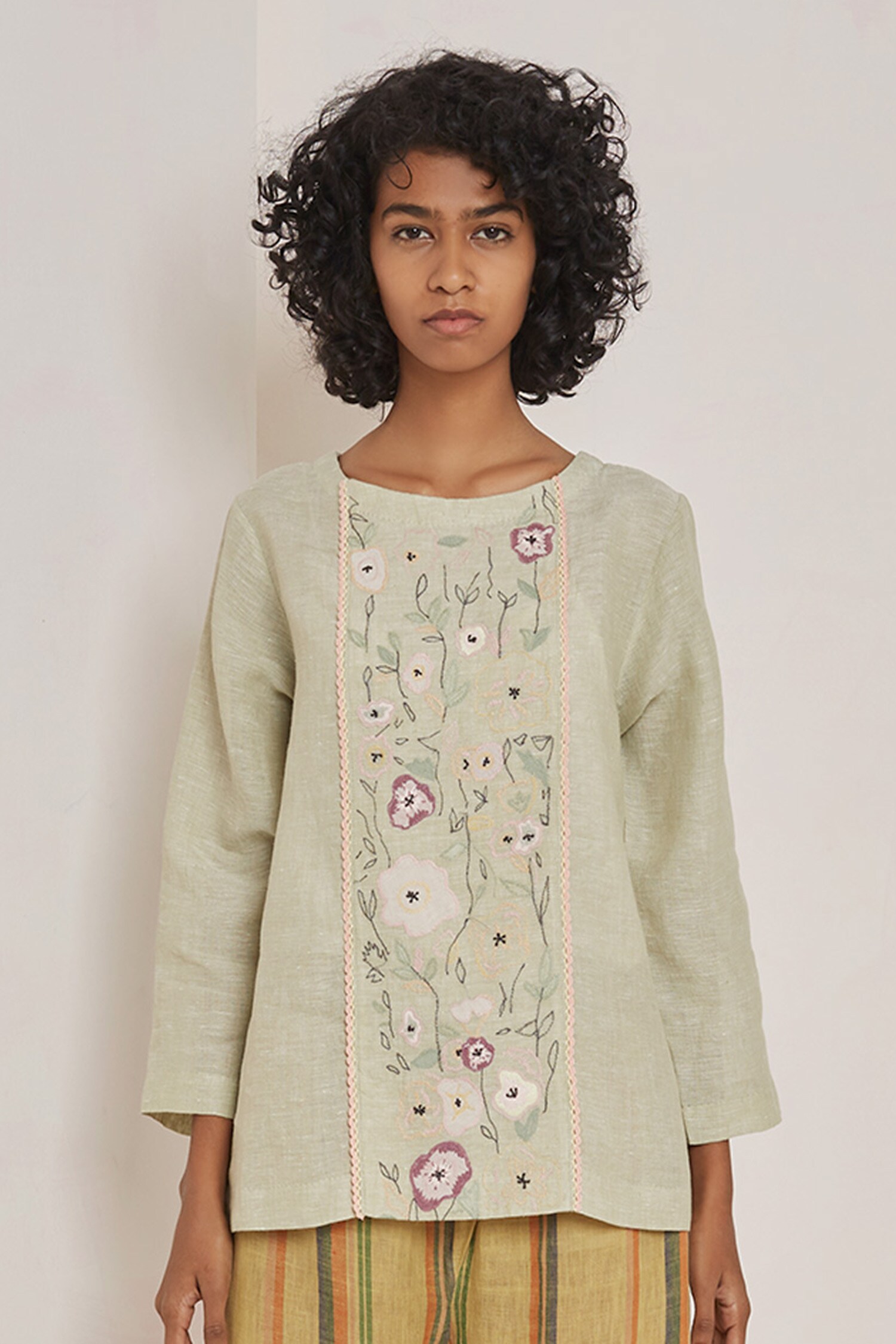 Buy Eka Green Embroidered Linen Top Online Aza Fashions