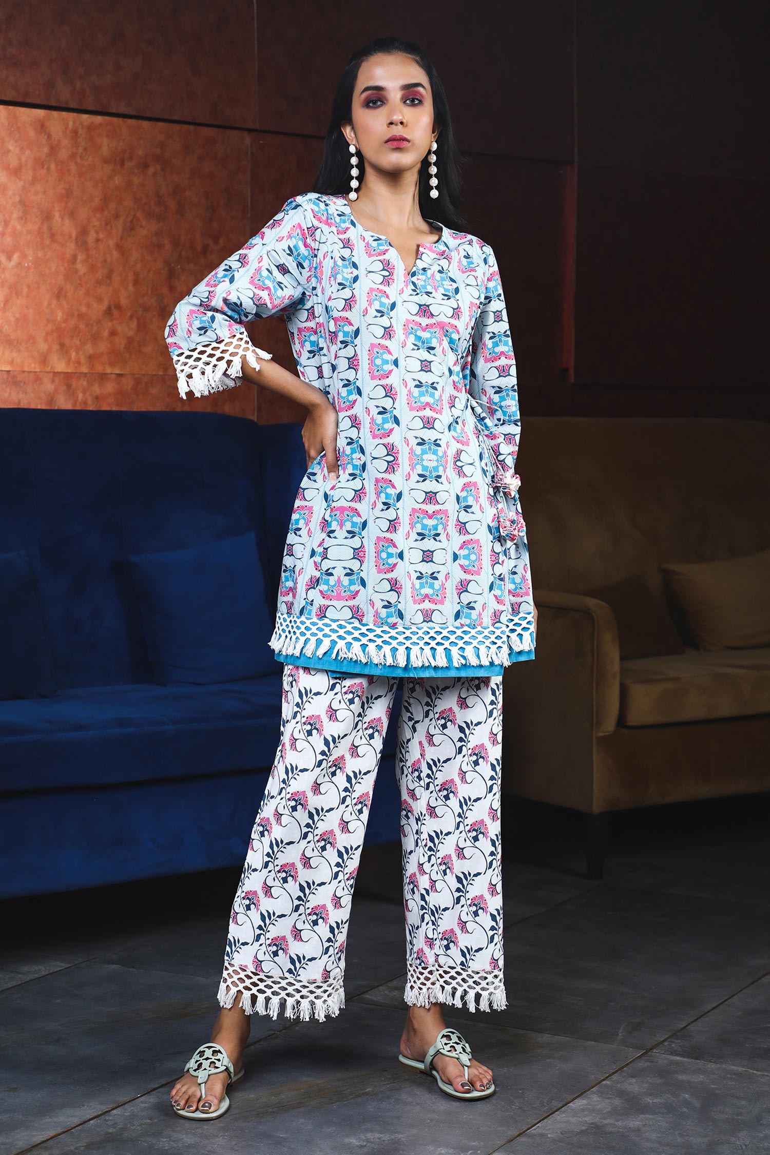 Sage Saga White Cotton Dobby Printed Palazzo