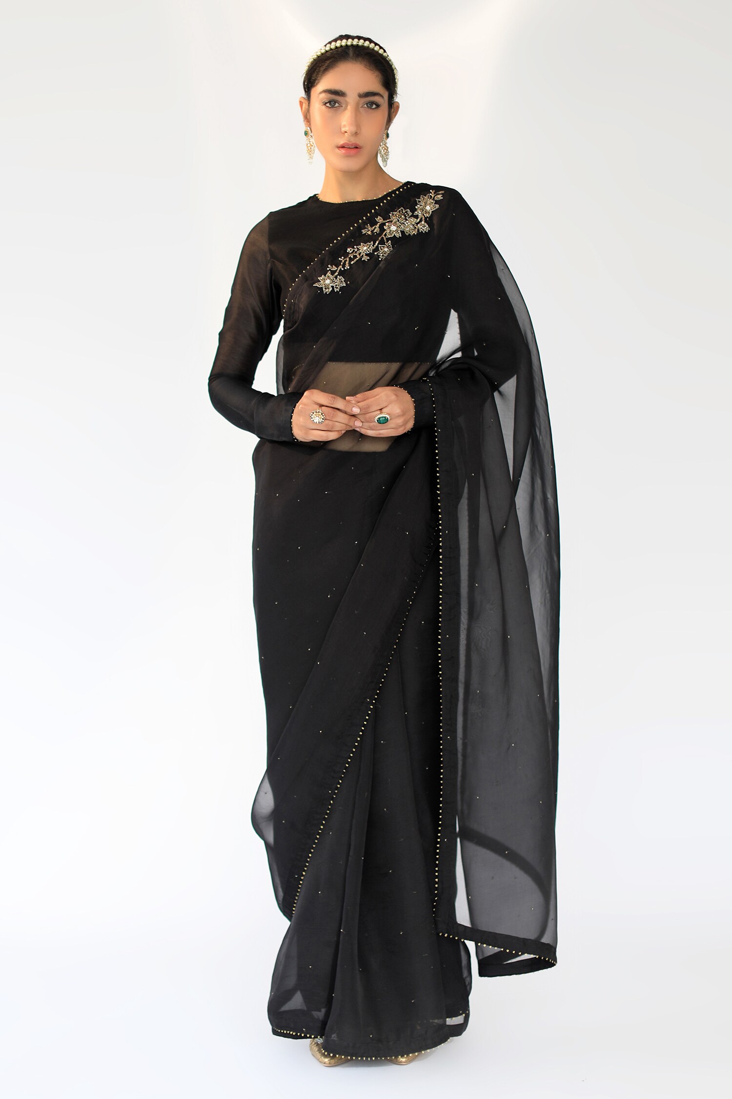 Buy Black Chanderi Round Silk Organza Saree With Blouse For Women by ...