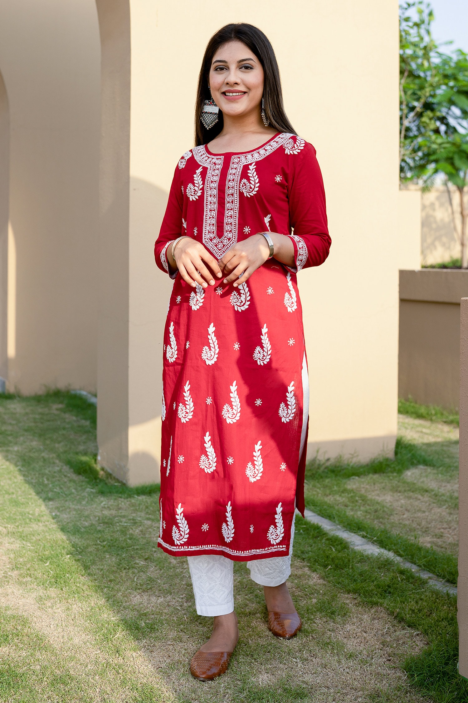 Buy Saksh Red Chikankari Kurta Set Online | Aza Fashions