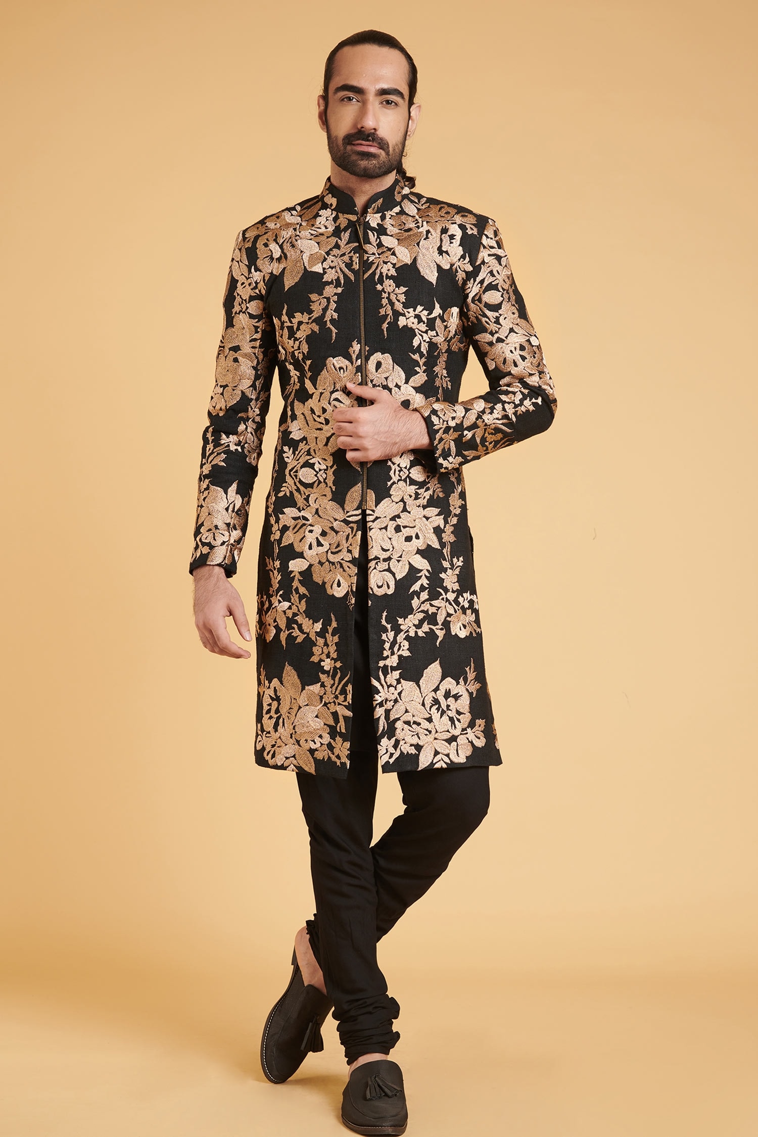 Buy Black Matka Silk Embroidered Floral Sherwani For Men By Siddartha 