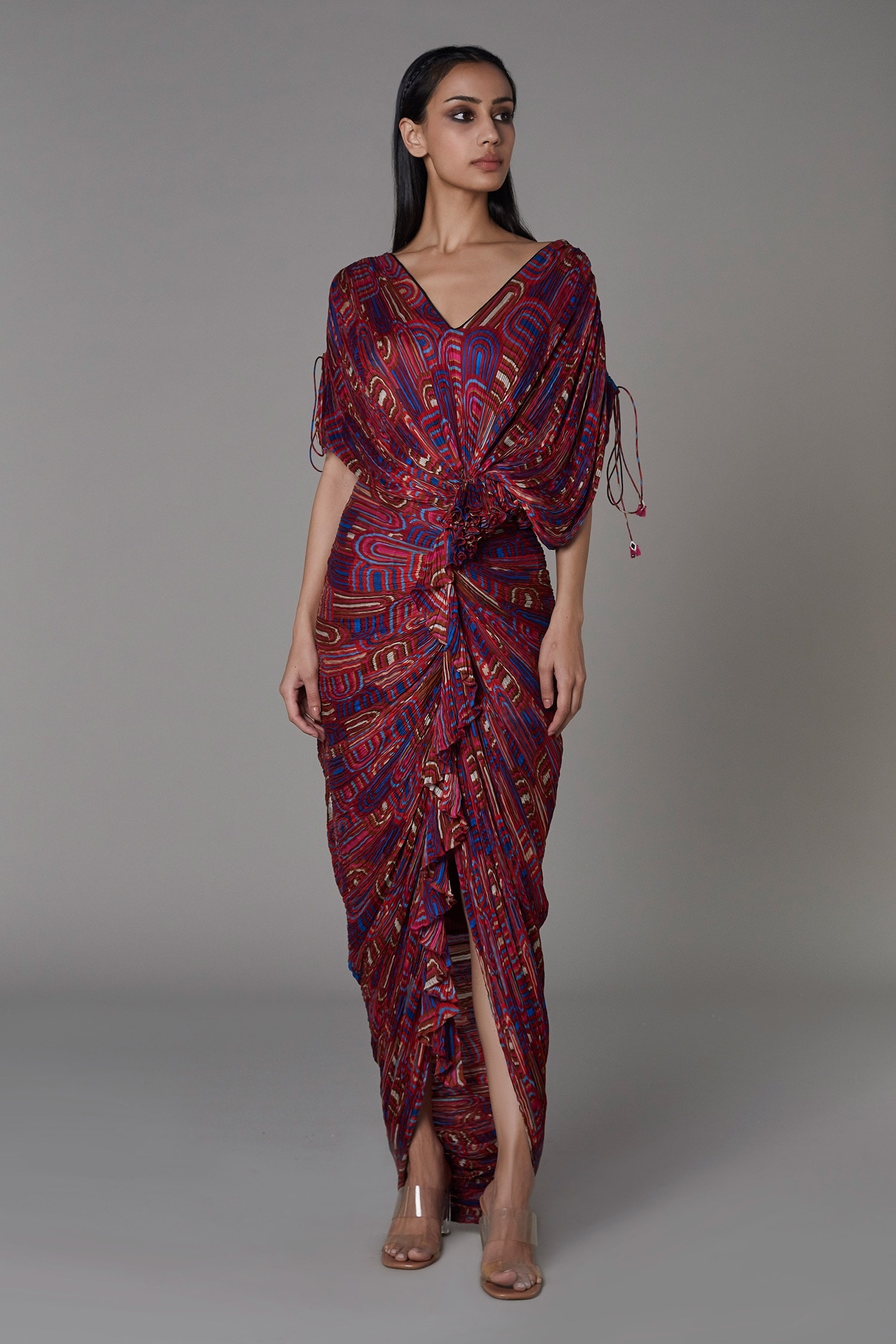Saaksha & Kinni Red Cotton Silk Printed Semi Circle Motifs V Neck Draped Saree For Women