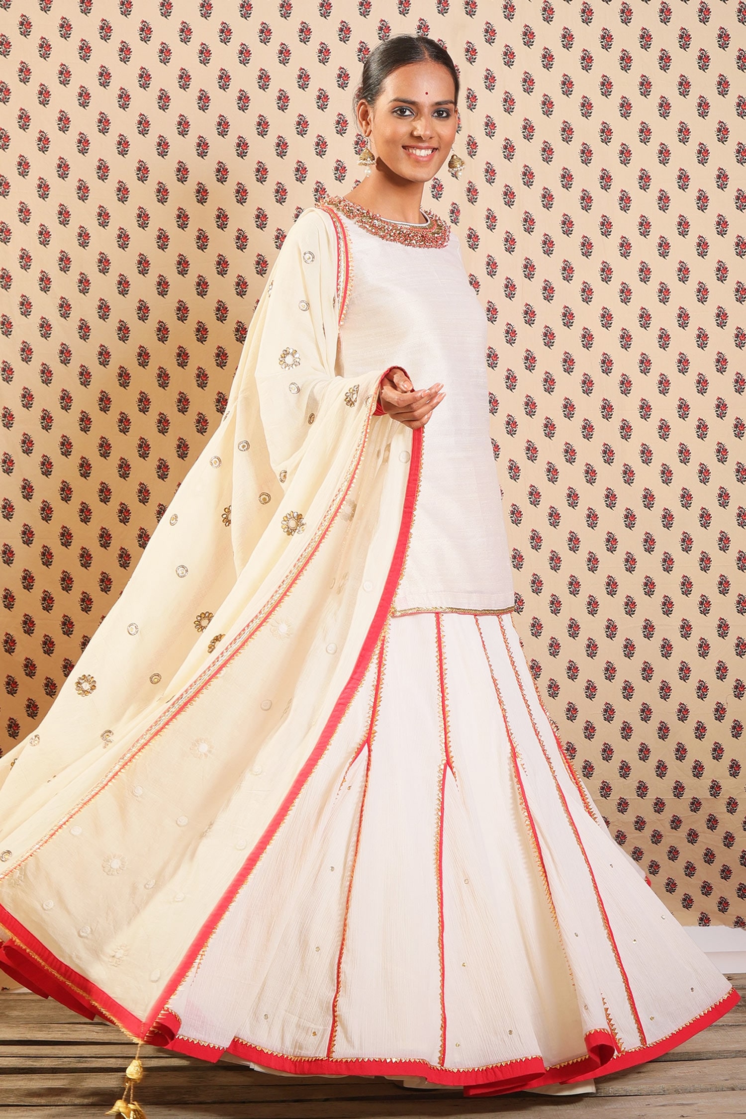 Beige and red hand block printed lehenga and choli with dupatta - set of  three by Chokhi Bandhani | The Secret Label