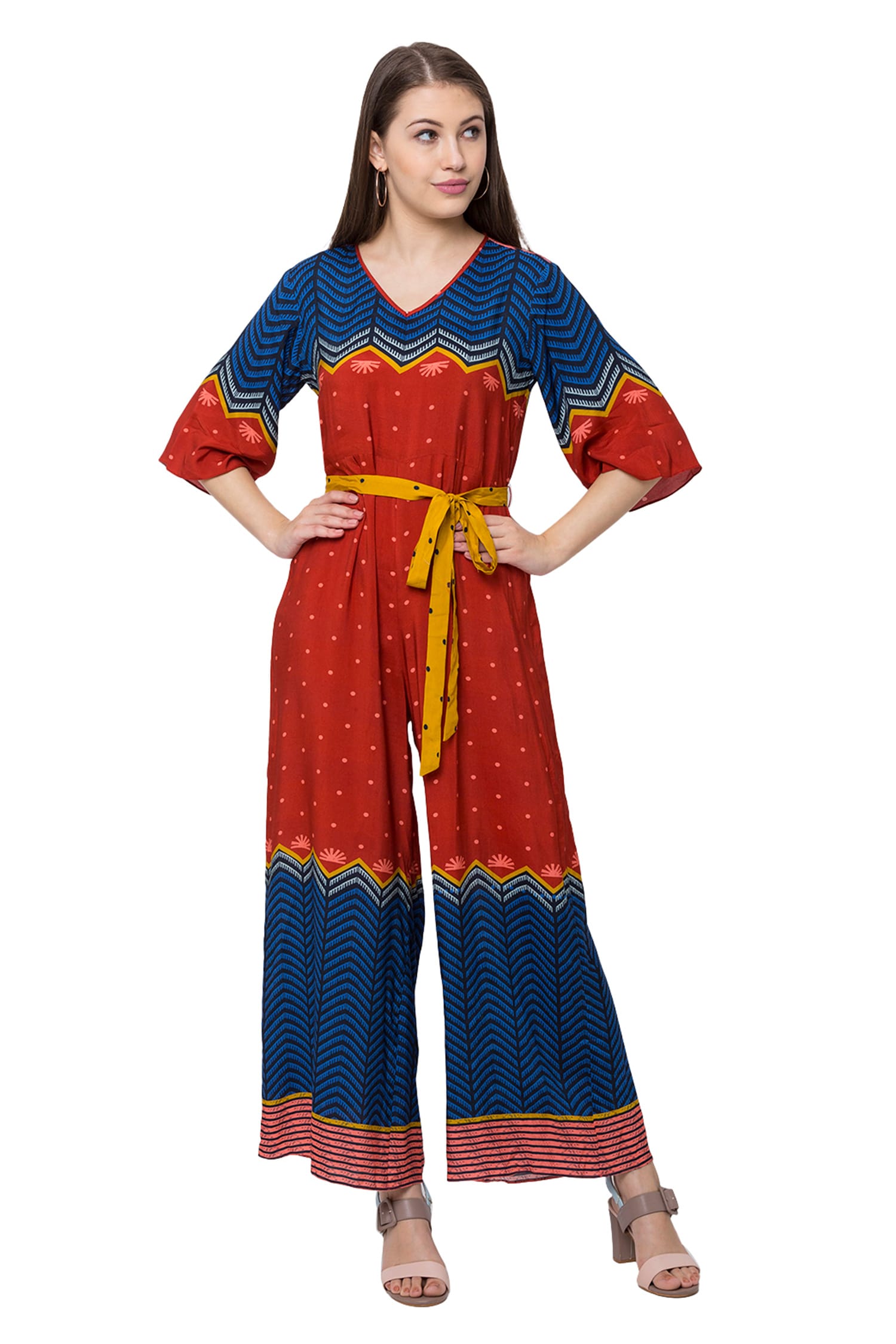 Buy SO US by Sougatpaul Red Muslin Slub Printed Jumpsuit With Belt