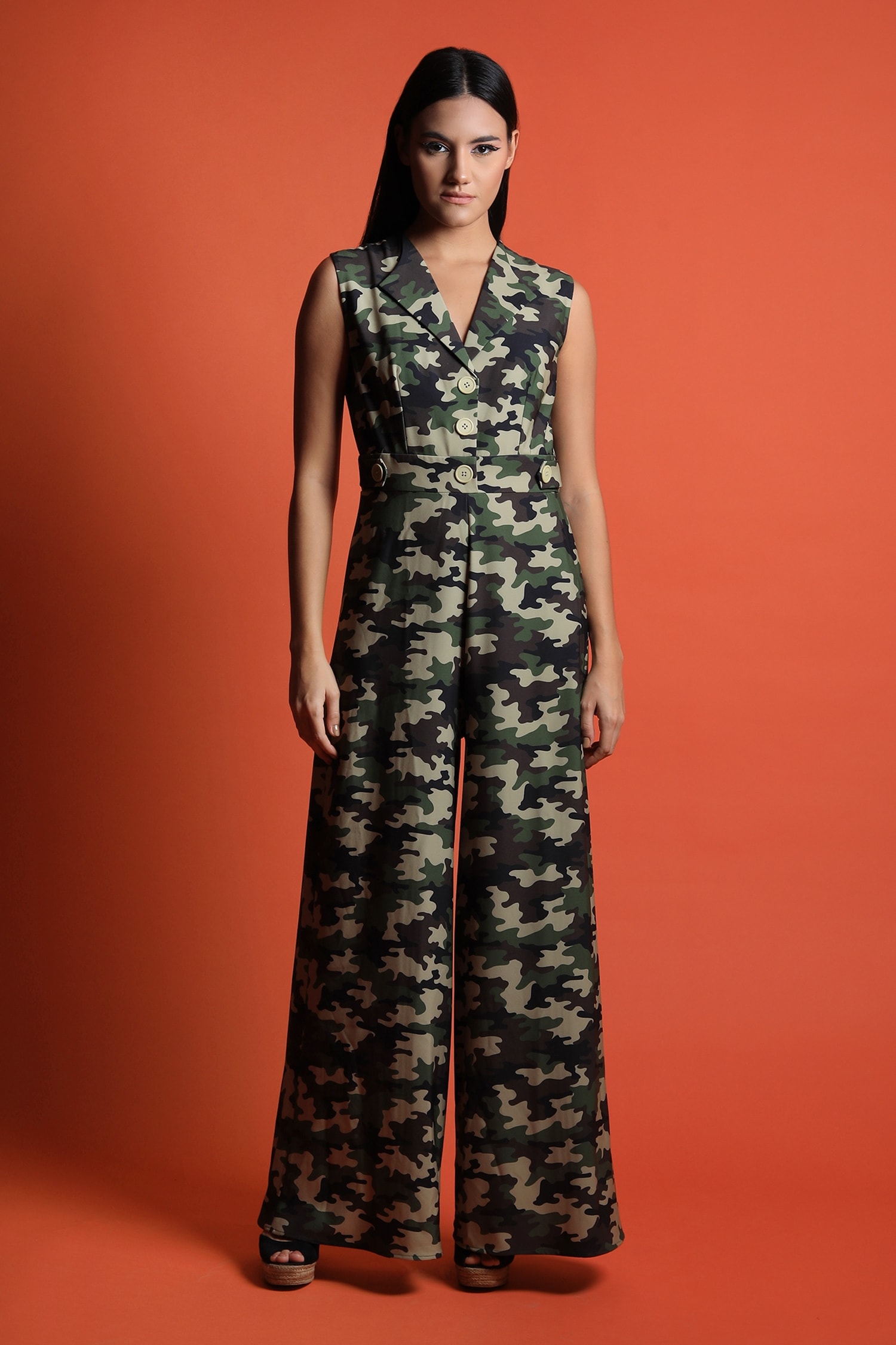 Buy Green Heavy Crepe Camo Lapel Collar Jumpsuit For Women by Swatee