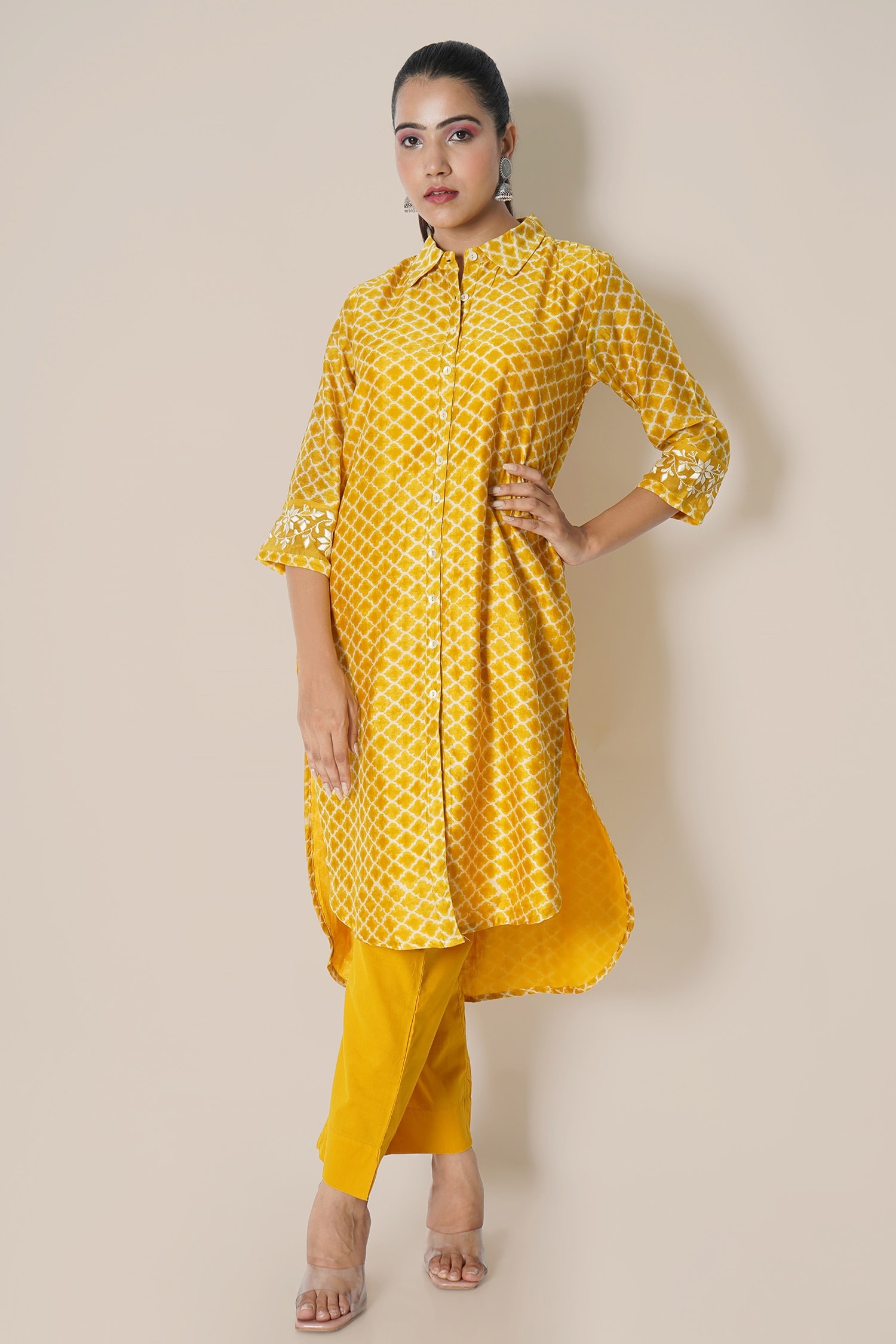 Buy Yellow Kurta - Chanderi Printed Geometric Shirt And Cotton Pant Set ...