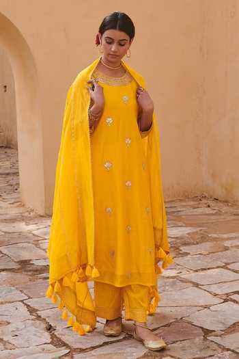 Yellow Chanderi Embroidered Kurta Set