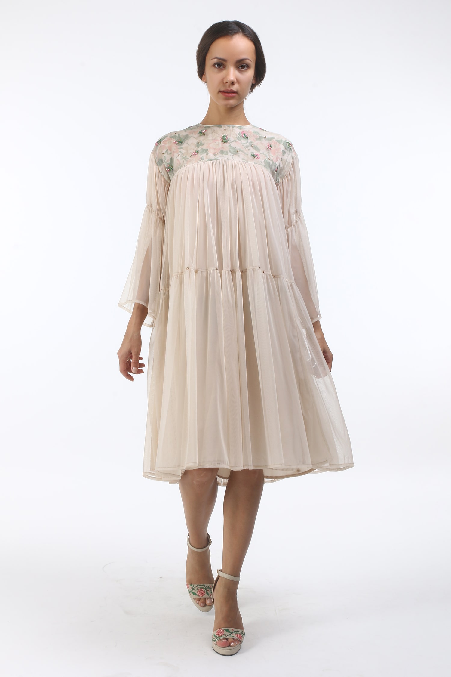 Nikasha Grey Tulle Floral Motifs Round Hand Painted Dress For Women