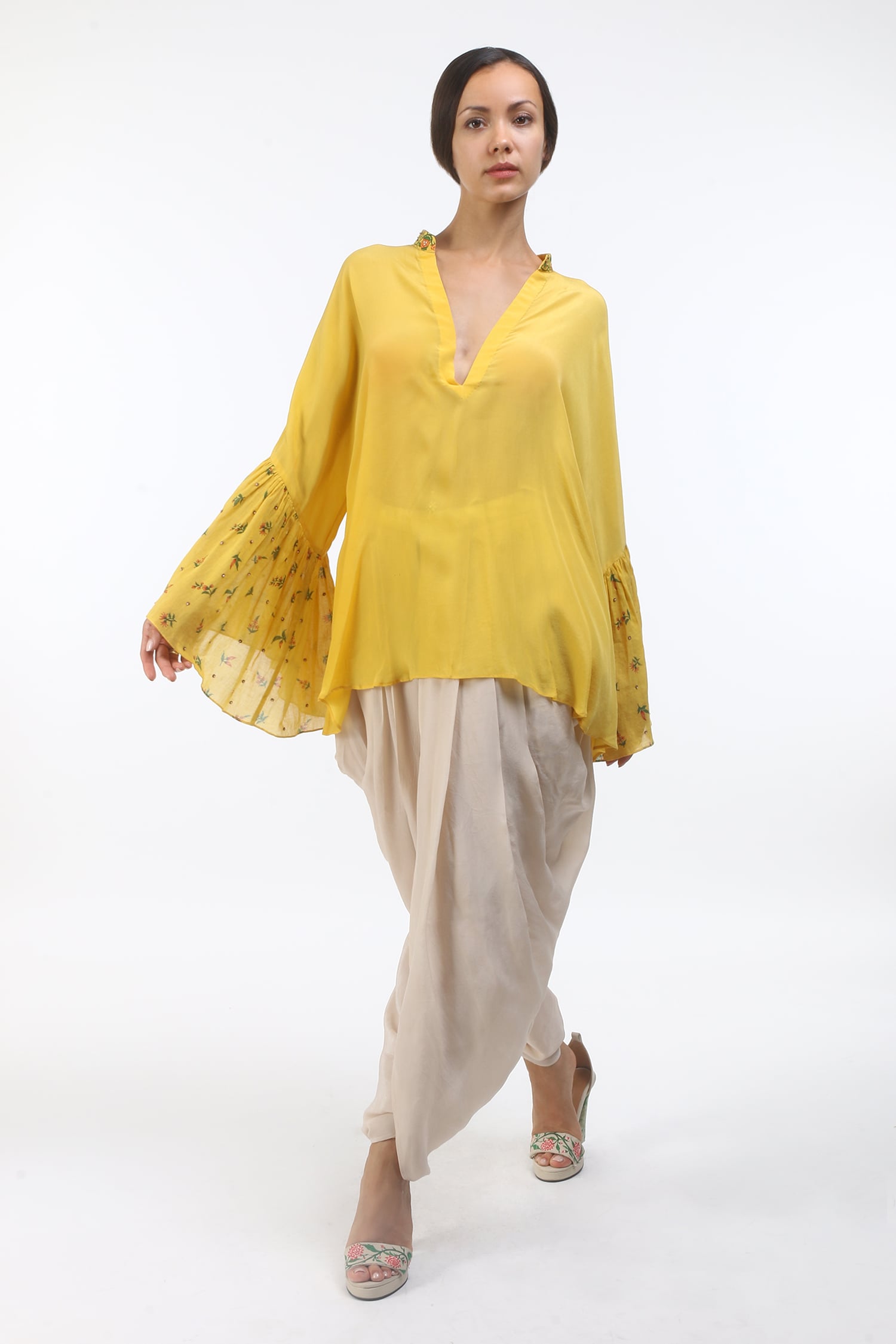 Nikasha Yellow V Neck Printed Short Tunic For Women