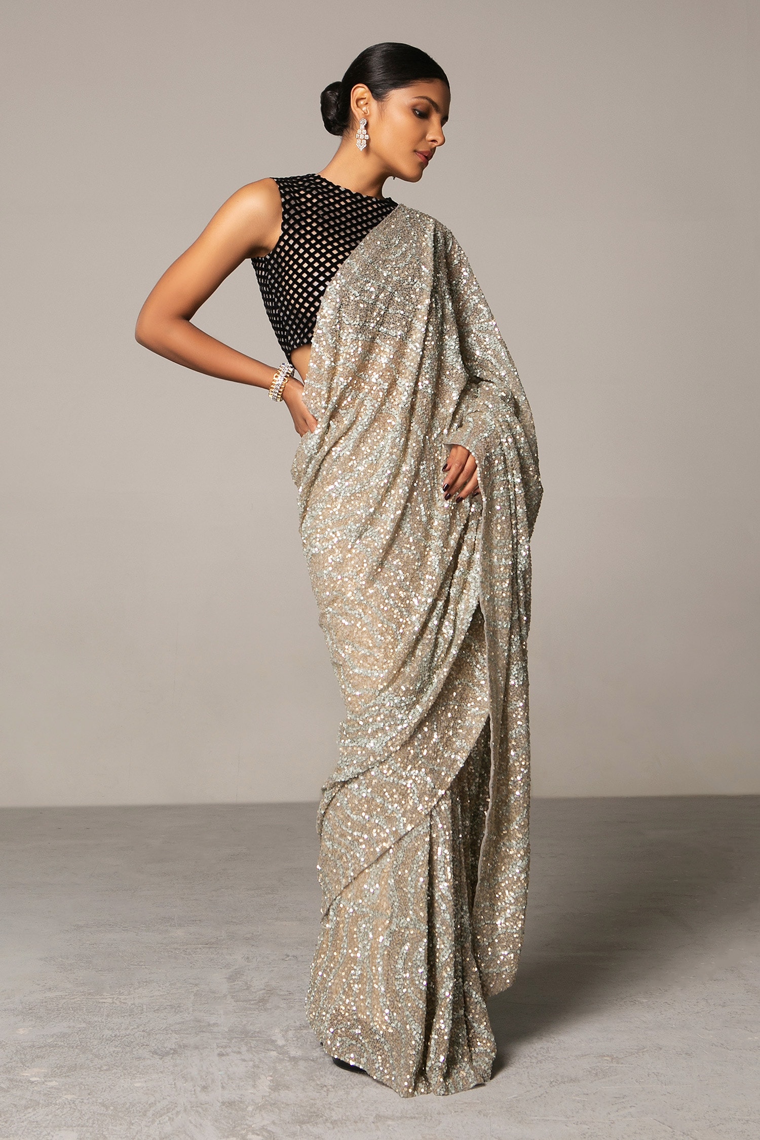 Buy Siddartha Tytler Silver Net Sequin Saree With Blouse Online Aza Fashions