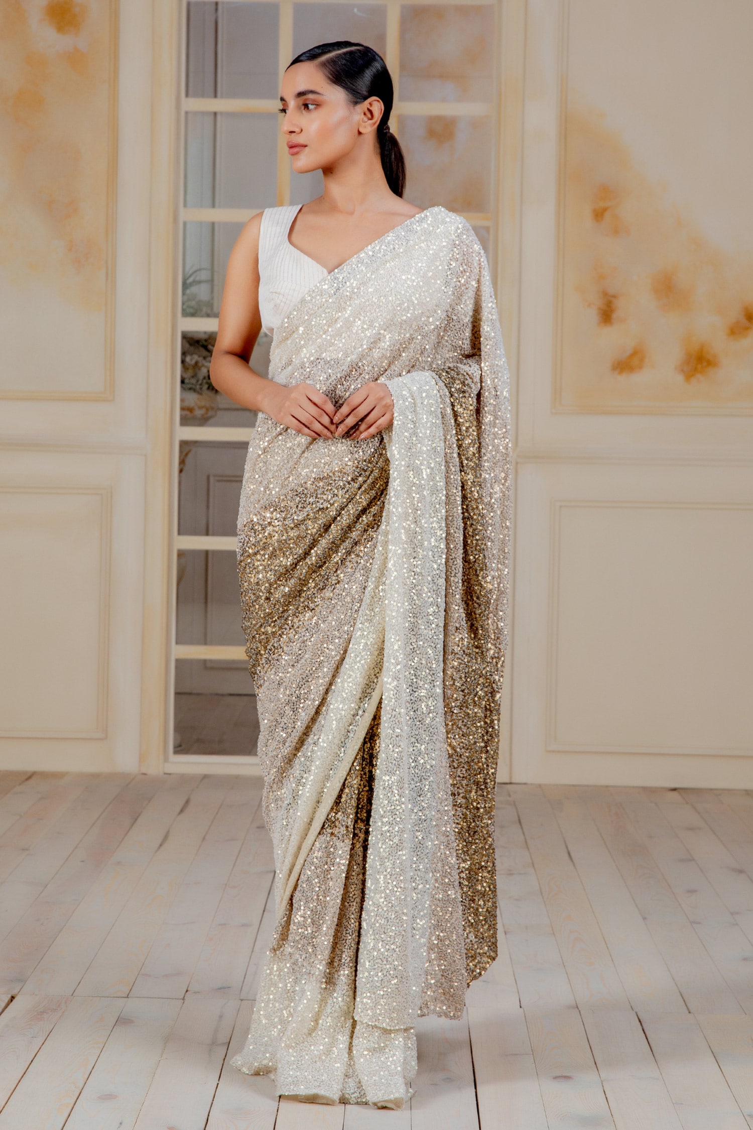 White Net Sequins Embellished Saree With Blouse 2588SR16