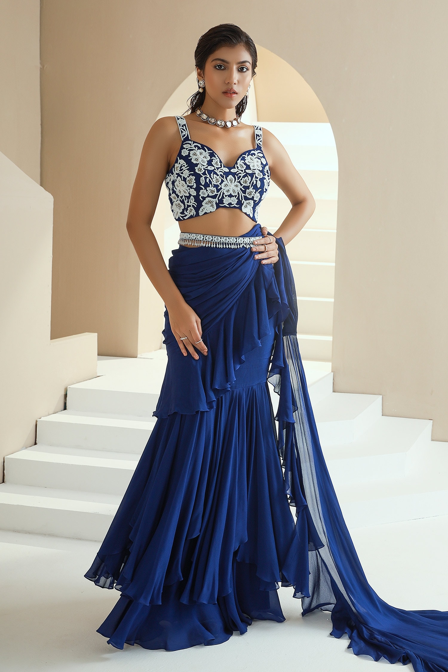 Buy Seema Thukral Blue Pre-draped Ruffle Saree With Choli Online | Aza ...