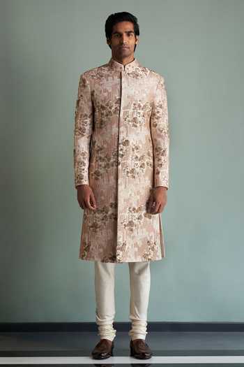 Buy Qbik Beige Silk Sherwani And Kurta Set Online | Aza Fashions