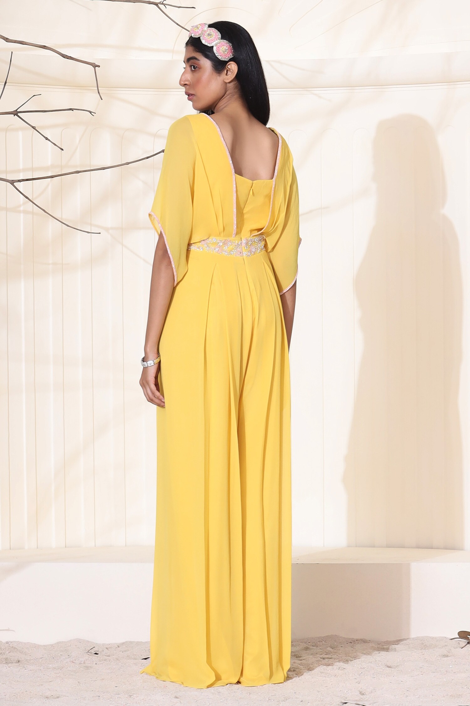 Buy Seema Thukral Yellow Satin Waist Embroidered Jumpsuit Online Aza