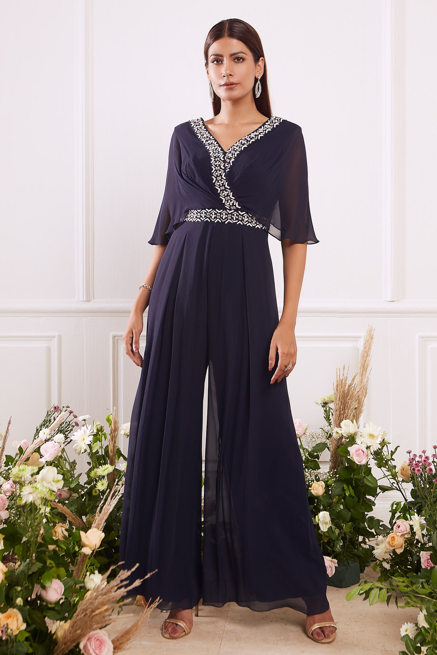 Buy Blue Georgette Lining Satin Embroidery V Pleated Flared Jumpsuit ...