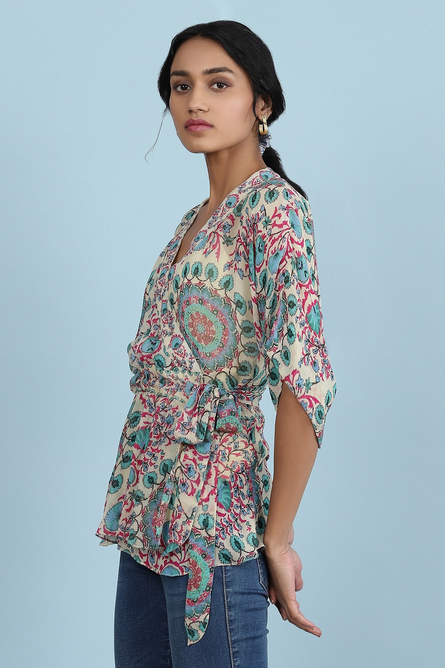 Ecru Floral Print Wrap Top