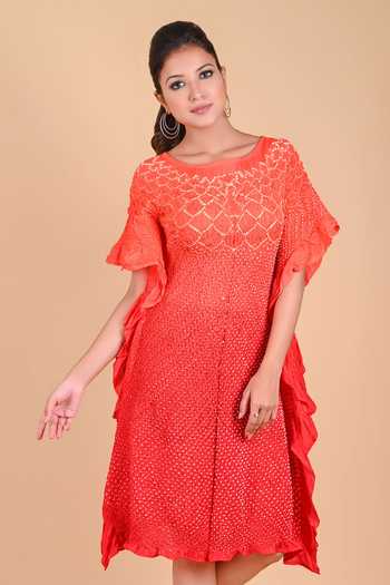 Buy Orange Mulbery Silk Round Bandhani Dress For Women by Dyelogue Online  at Aza Fashions.