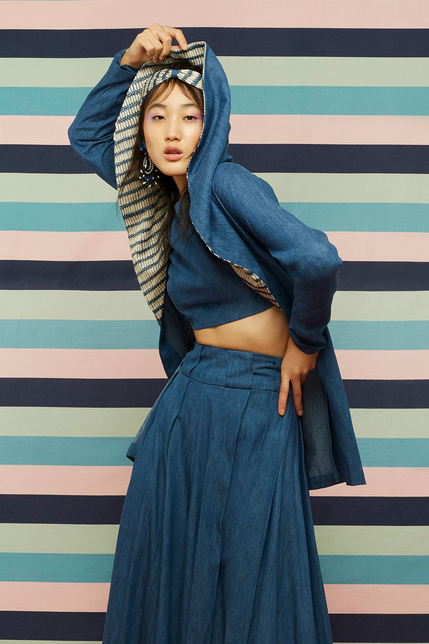 denim crop jacket and skirt set