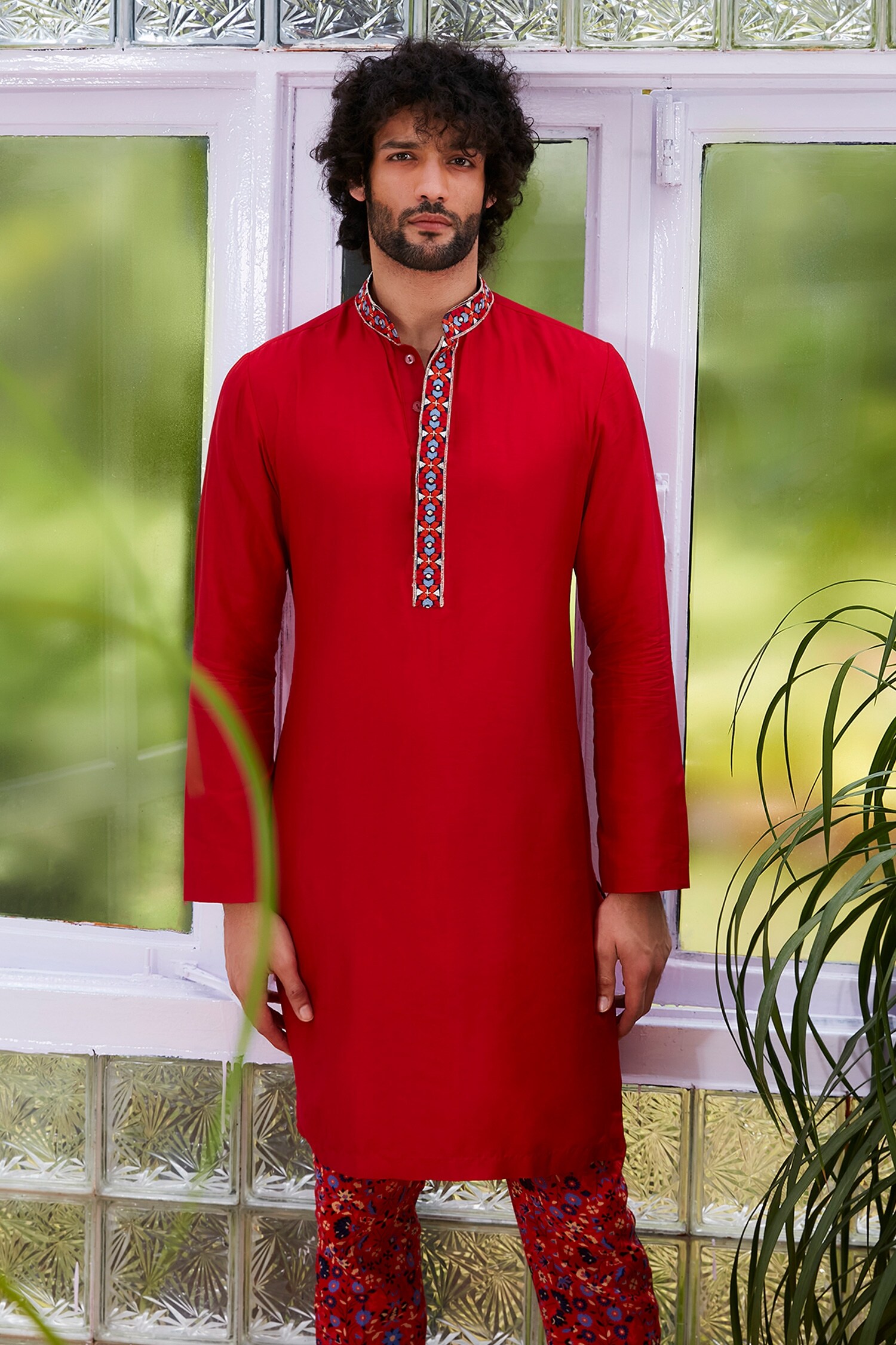Buy Red Silk Embroidery Geometric Collar Kurta Set For Men by SVA by