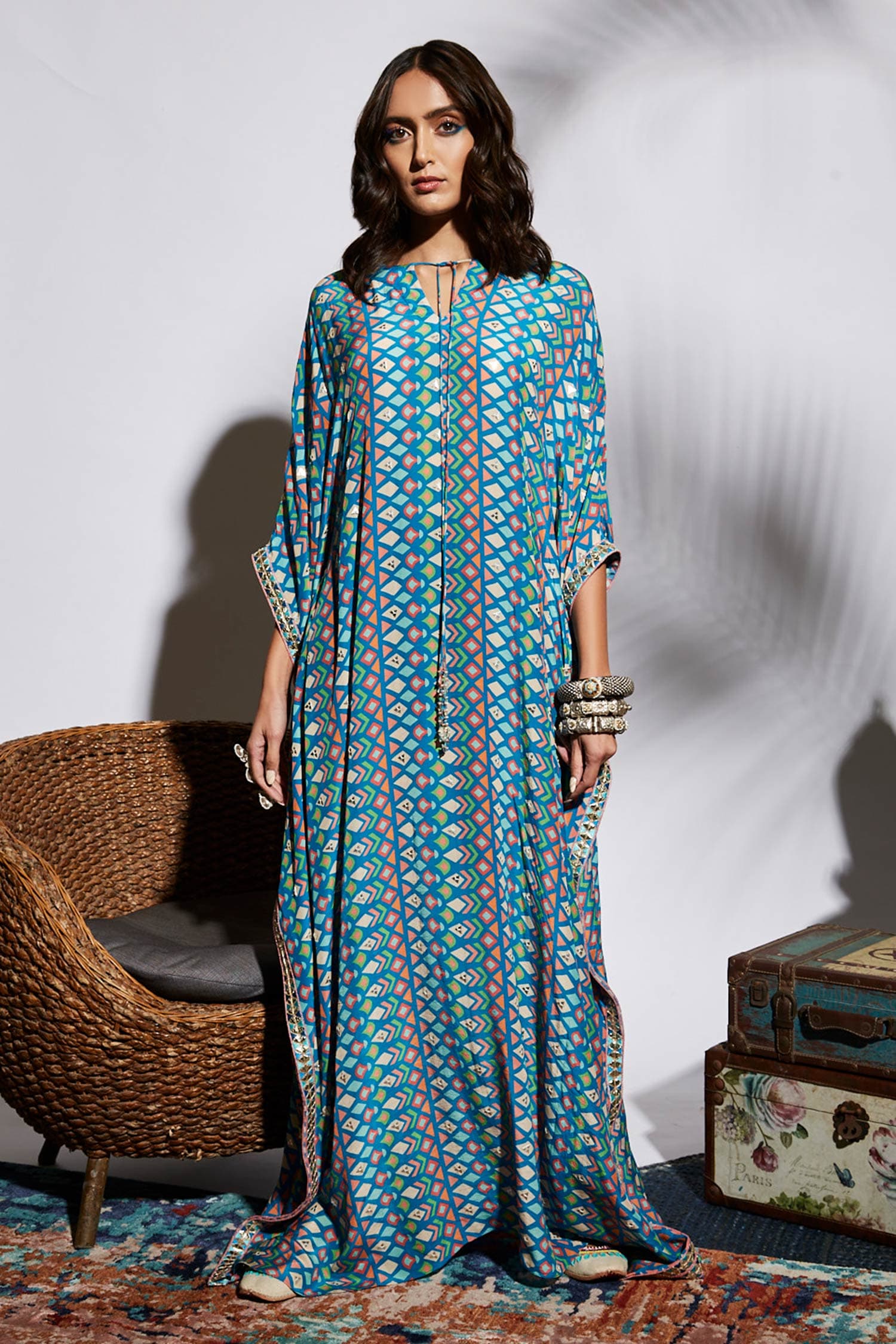 Buy Blue Silk Embroidery V Neck Printed Kaftan For Women by SVA by ...