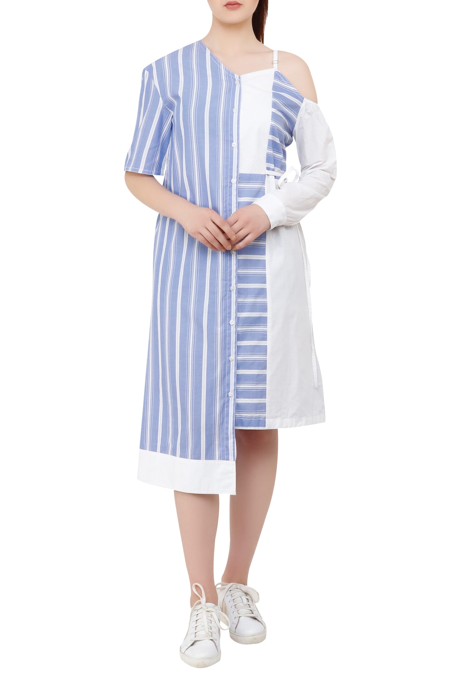 Buy Blue French Crepe Stripe Pattern Asymmetric Tuscany Dress For Women by  Mamicha Online at Aza Fashions.