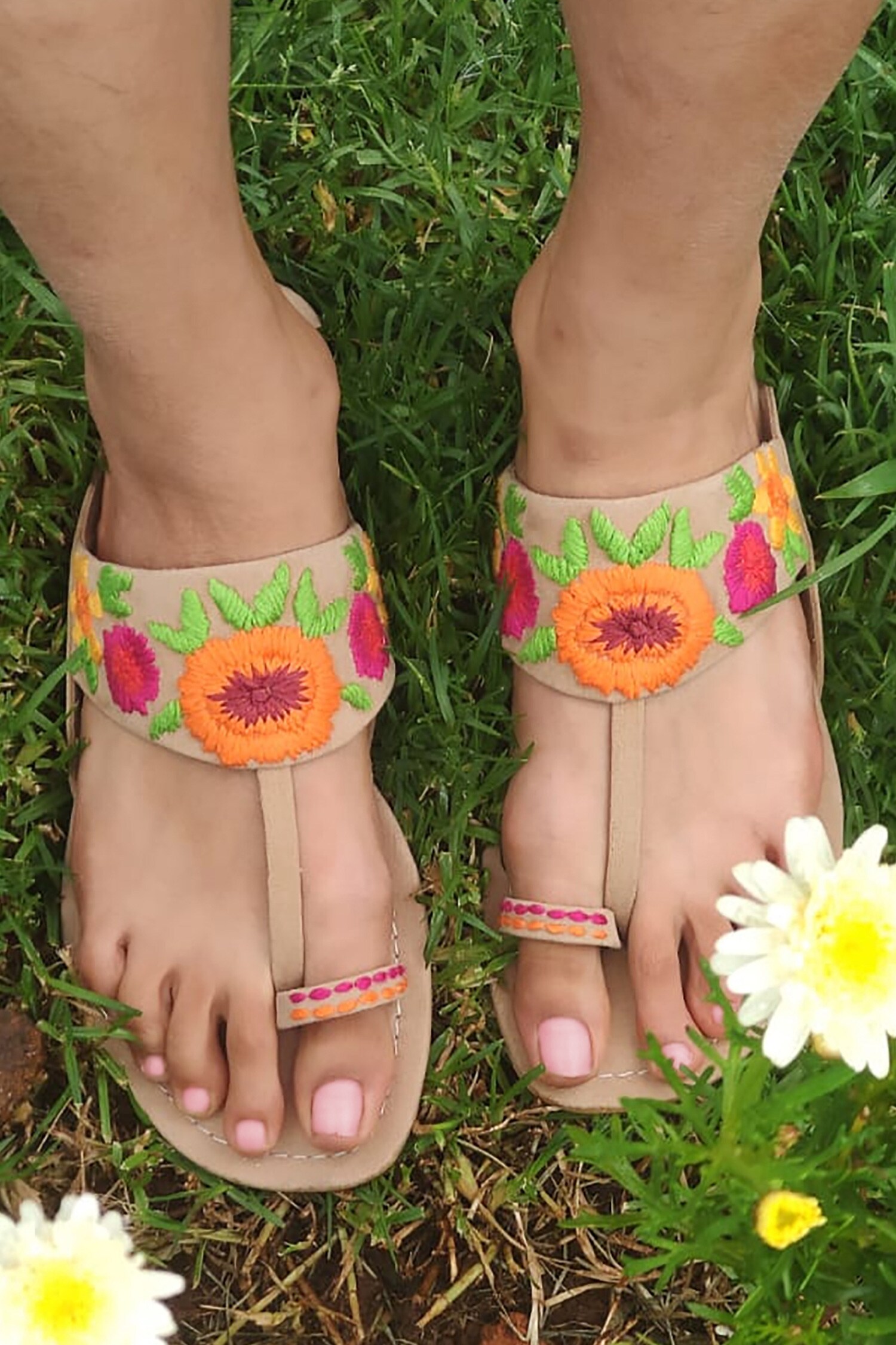 Buy Sandalwali Beige Upper Floral Suedette Sandals Online | Aza Fashions