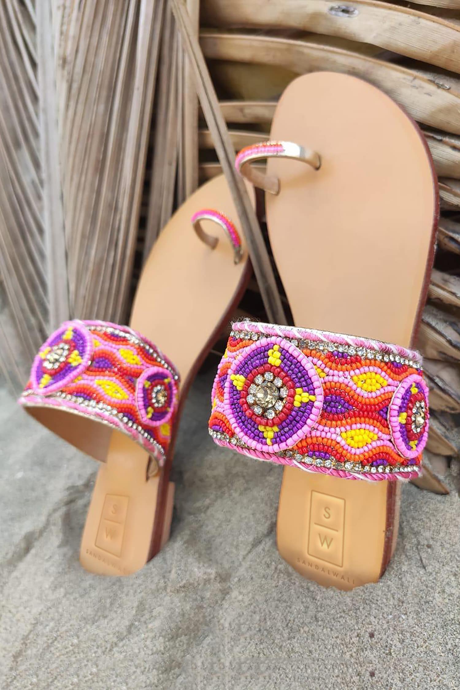 Buy Pink Embroidered Bead Sandals by Sandalwali Online at Aza Fashions.