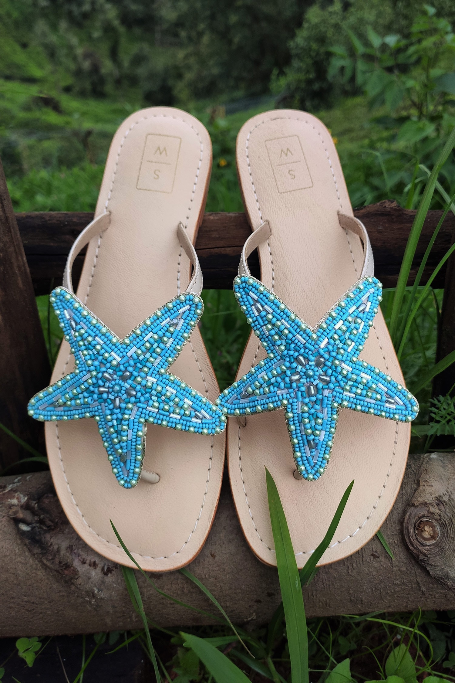 Dolphin & Blue Beaded Barefoot Sandals | RoseWing Designs