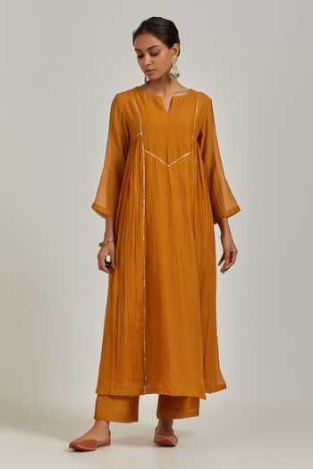 Women Yellow Chanderi Embroidered Kurta with pant & Embroidered Dupatta main image 1