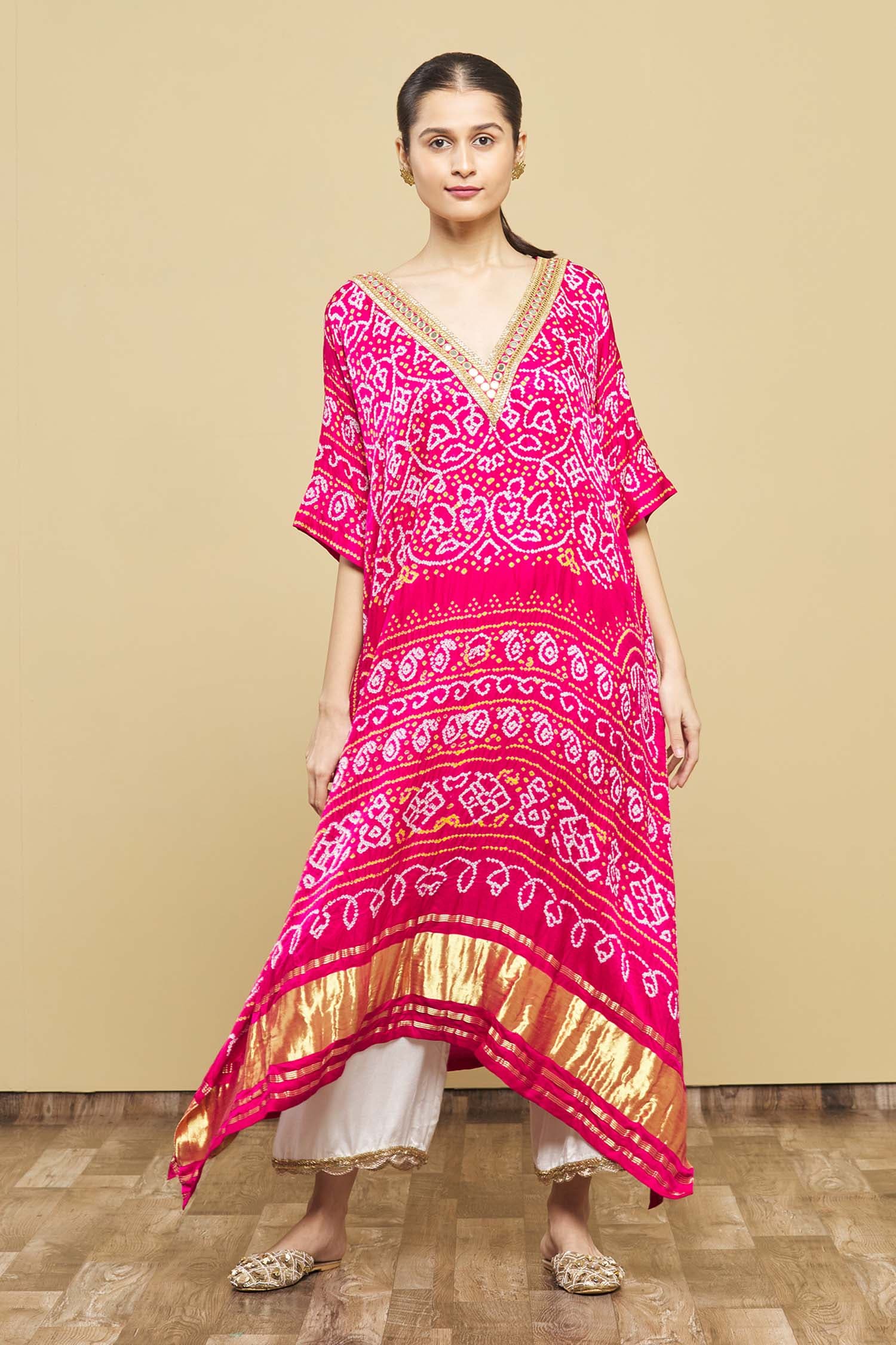 Buy Pink Kaftan: Silk Bandhani; Pant: Cotton Satin Embroidery V And Set ...
