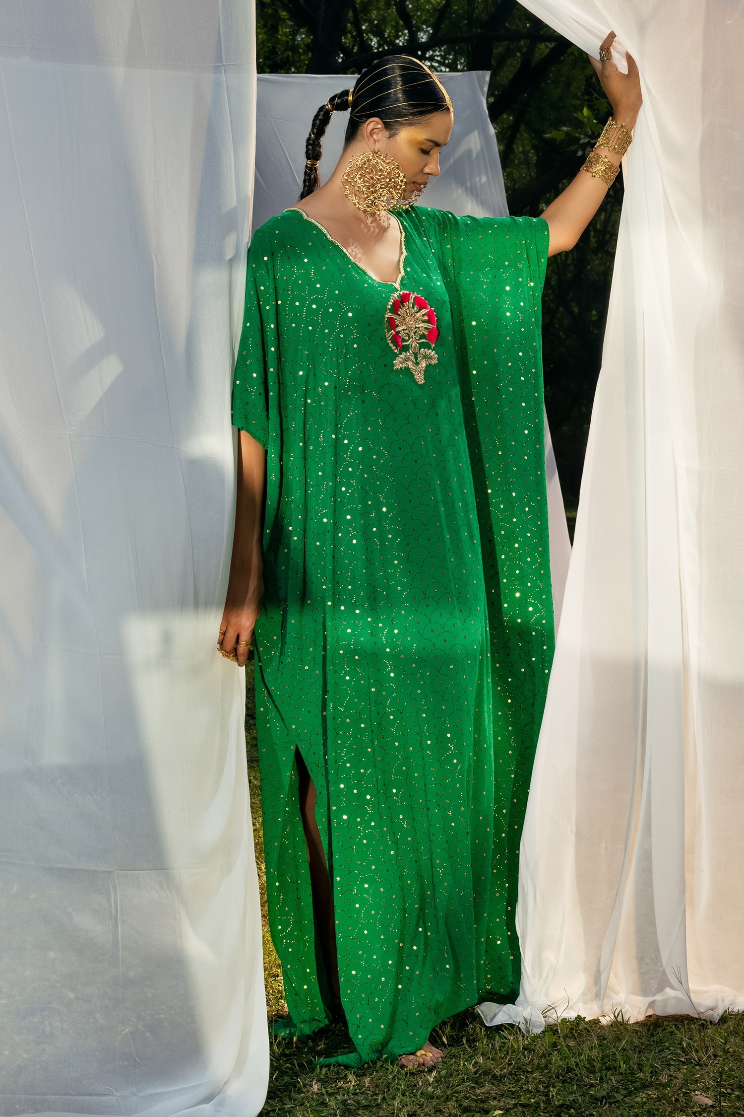 Buy Tisha Saksena Green Silk Georgette Embroidered Kaftan Online | Aza ...
