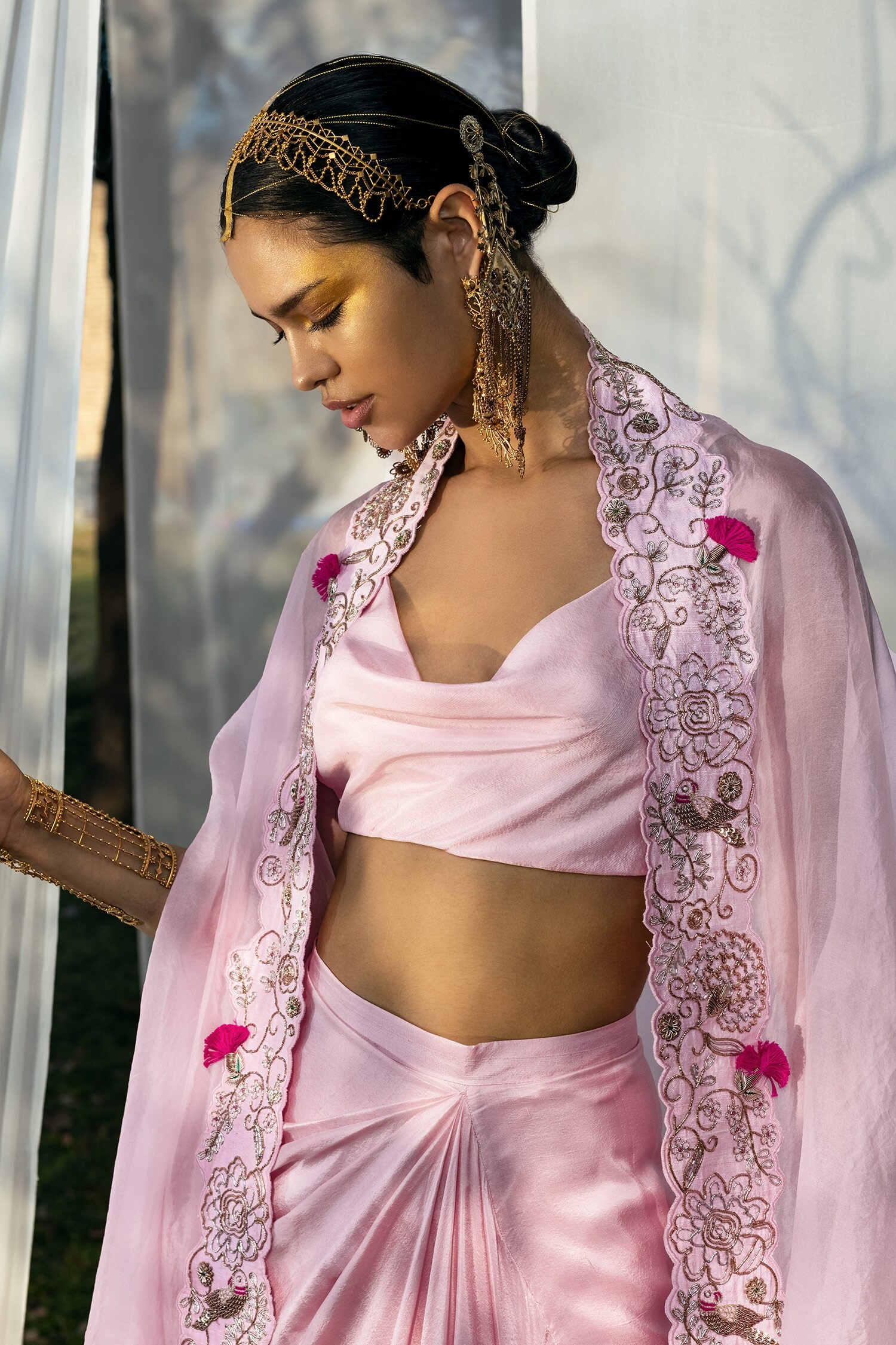 Buy Pink Crop Top And Skirt Dupion Cape Organza & Draped Set For 