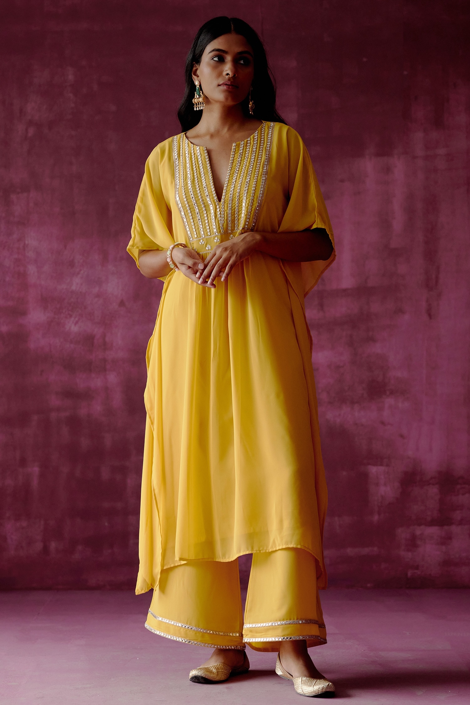 Buy Yellow Georgette Embroidered Mirror Notched Neck Kaftan And Pant ...