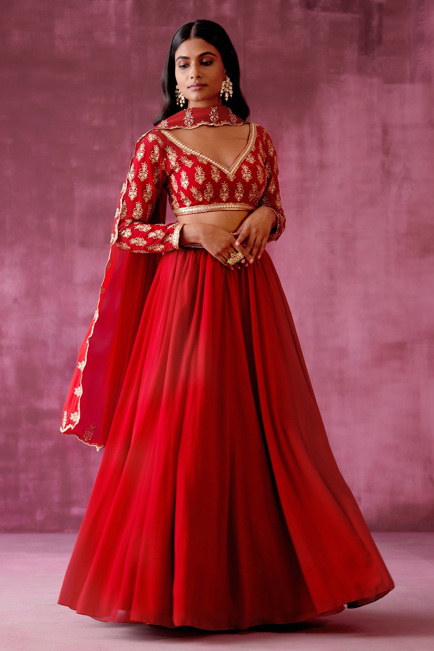 buy-red-georgette-embroidery-resham-deep-v-neck-lehenga-set-with-blouse