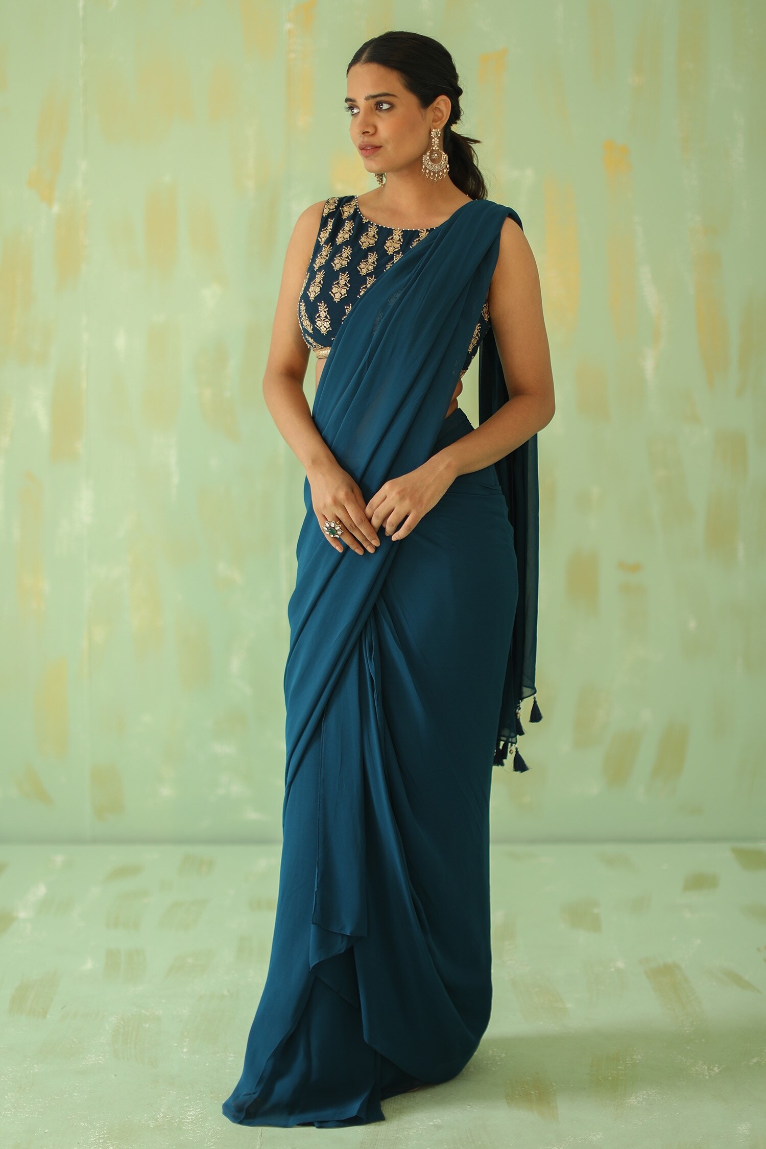 Buy Blue Chiffon Embroidered Floral Tassel Pre-draped Saree With Blouse For  Women by Arpita Mehta Online at Aza Fashions.