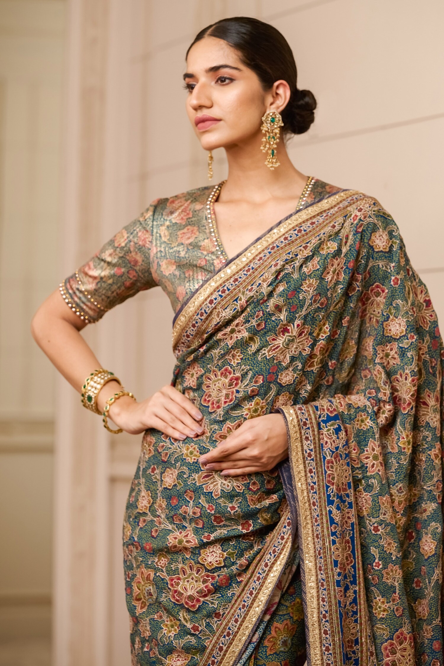 Buy_Tarun Tahiliani_Multi Color Floral Pattern Saree With Printed Blouse_Online_at_Aza_Fashions