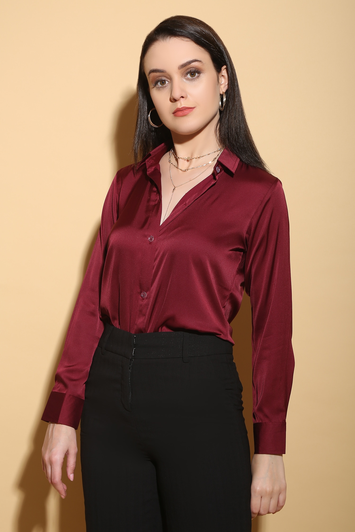 Buy Maroon Satin Straight Collar Shirt For Women by TORQADORN Online at ...