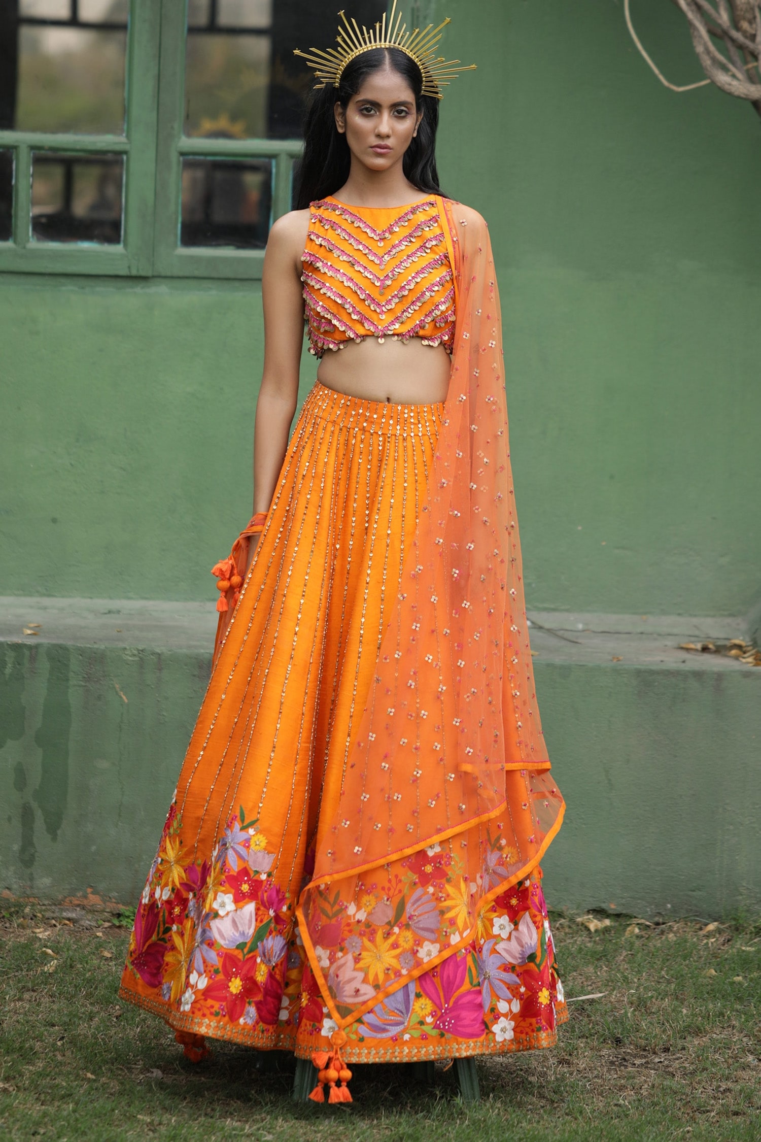 Buy Orange Raw Silk Embroidered Wildflower Round Lehenga Set For Women