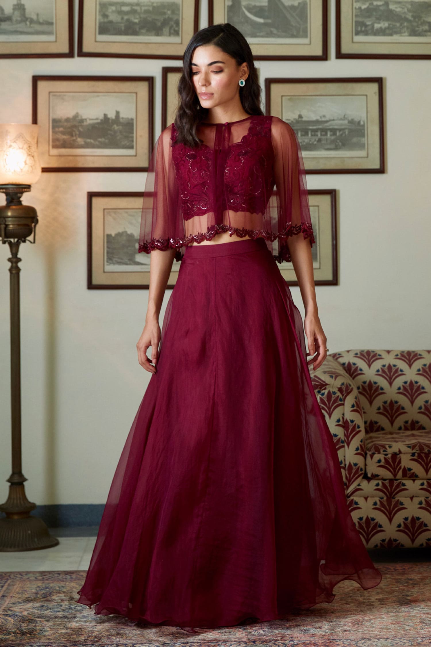 Buy Maroon Silk Organza Blouse Scoop Cape Round Lehenga Set With For ...