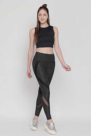 Grey Poly Blended Sheer Panel Leggings 