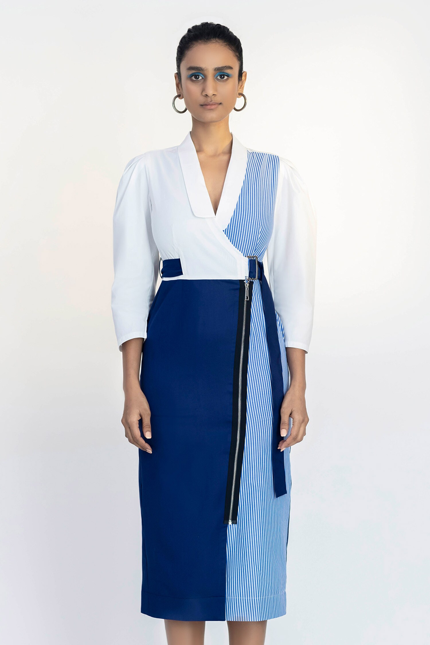 Buy Blue Cotton Poplin V Neck Colorblock Dress For Women by Notebook Online at Aza Fashions.
