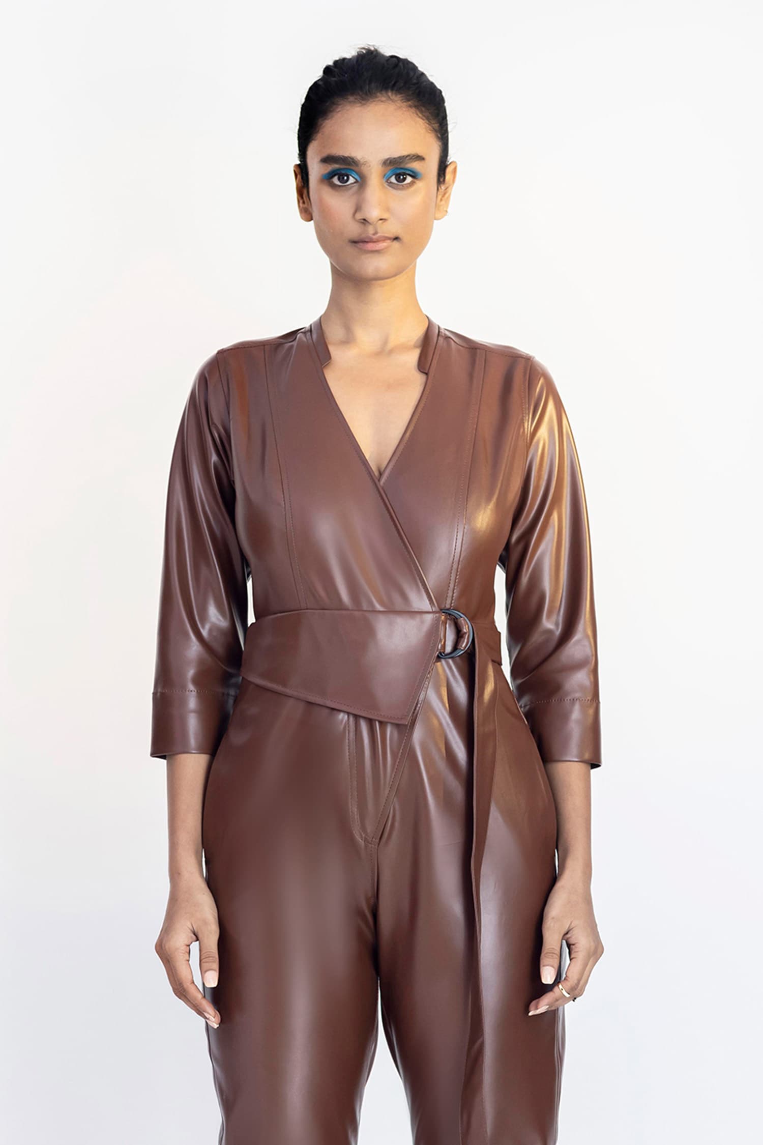 Buy Brown Vegan Leather V Neck Jumpsuit For Women by Notebook