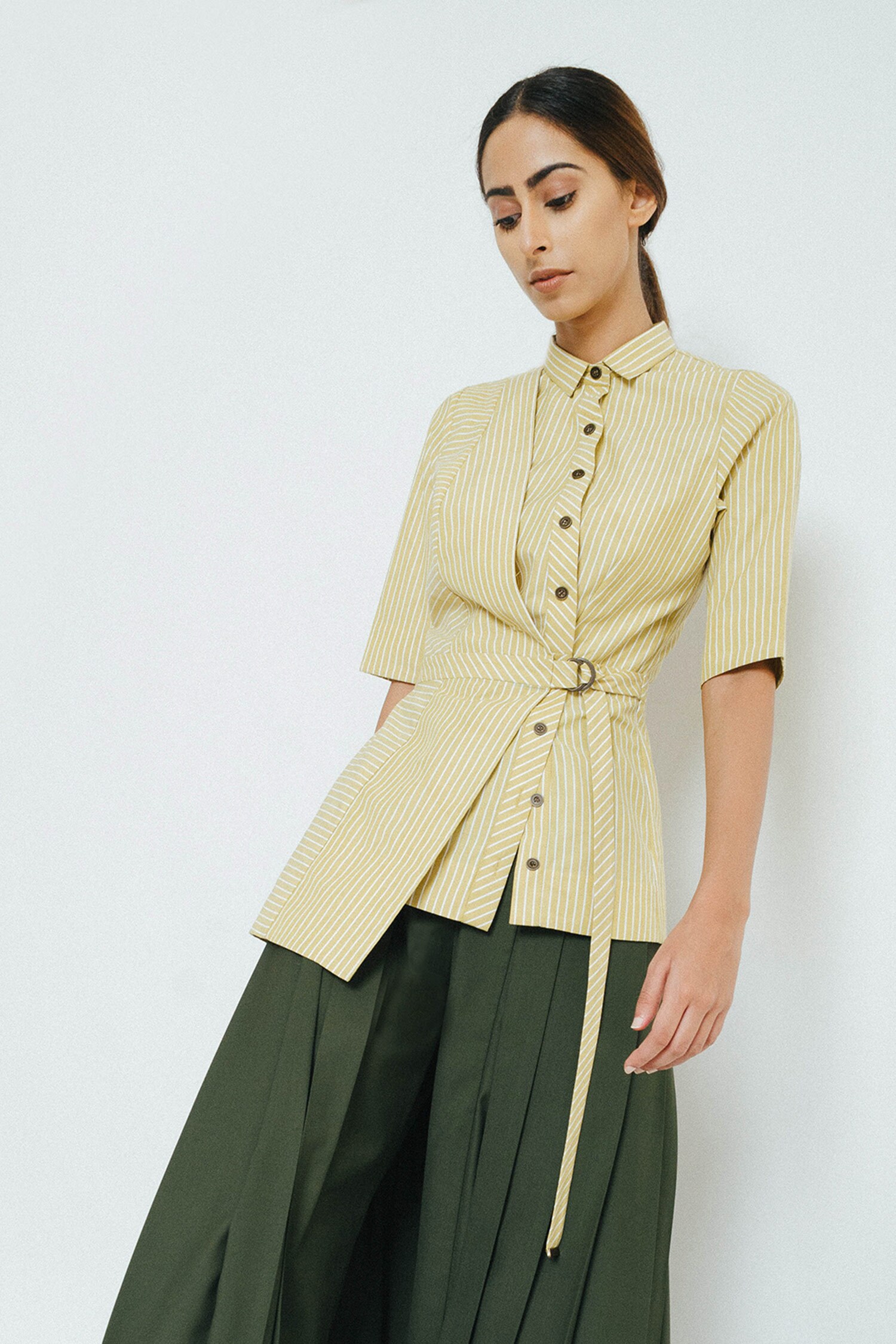 Notebook Yellow Poly Cotton Straight Collar Striped Shirt For Women