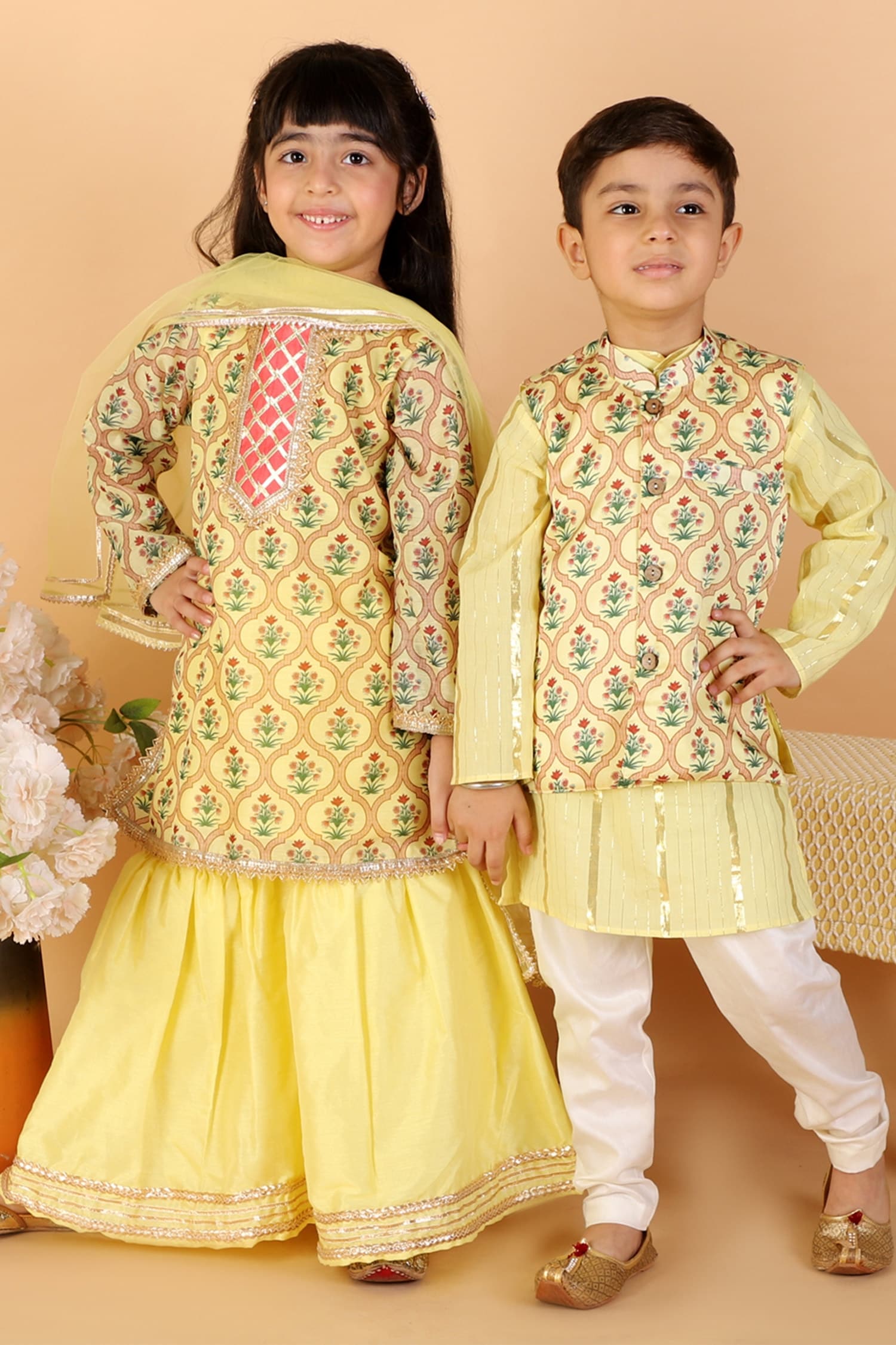 Buy Yellow Chanderi Printed Mughal Jaal Kurta Sharara Set For Girls by ...