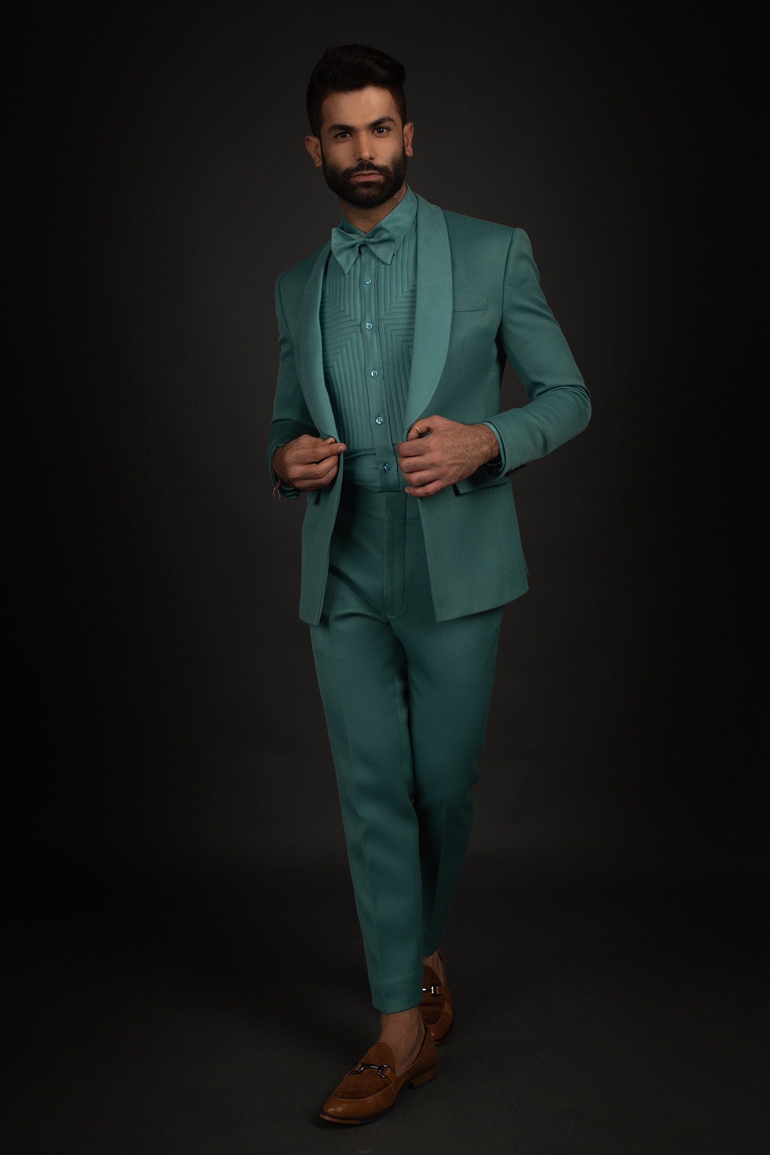 Buy Green Twill Shawl Lapel Suit And Pant Set For Men by Prima Czar Online at Aza Fashions.