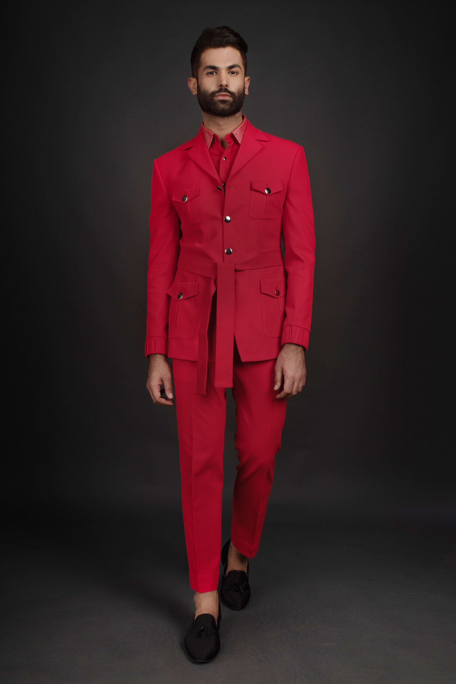 Prima Czar - Red Jacquard Shirt Satin Checkered Suit And Pant Set For Men